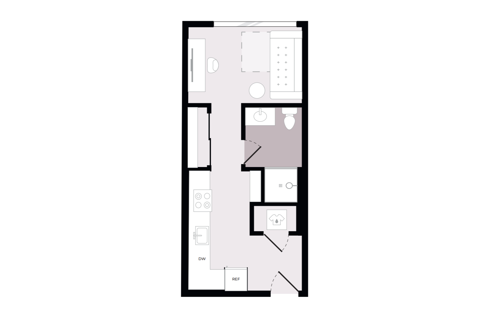 Smartly designed floor plan featuring a cozy sleeping area, modern kitchen with appliances, and a conveniently placed bathroom.