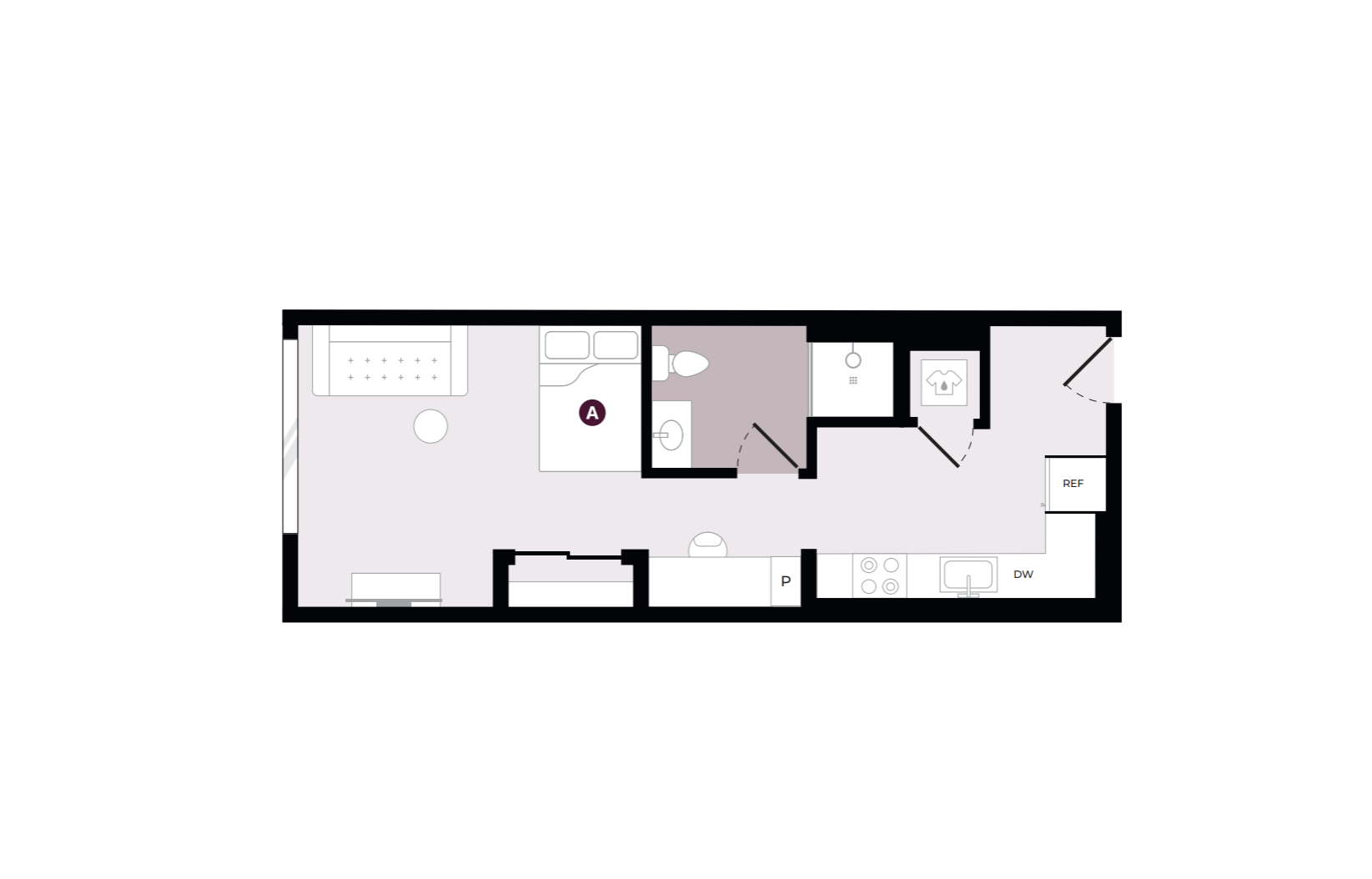Modern 2D floor plan showcasing a spacious studio apartment with an open living area, full kitchen, and well-appointed bathroom.
