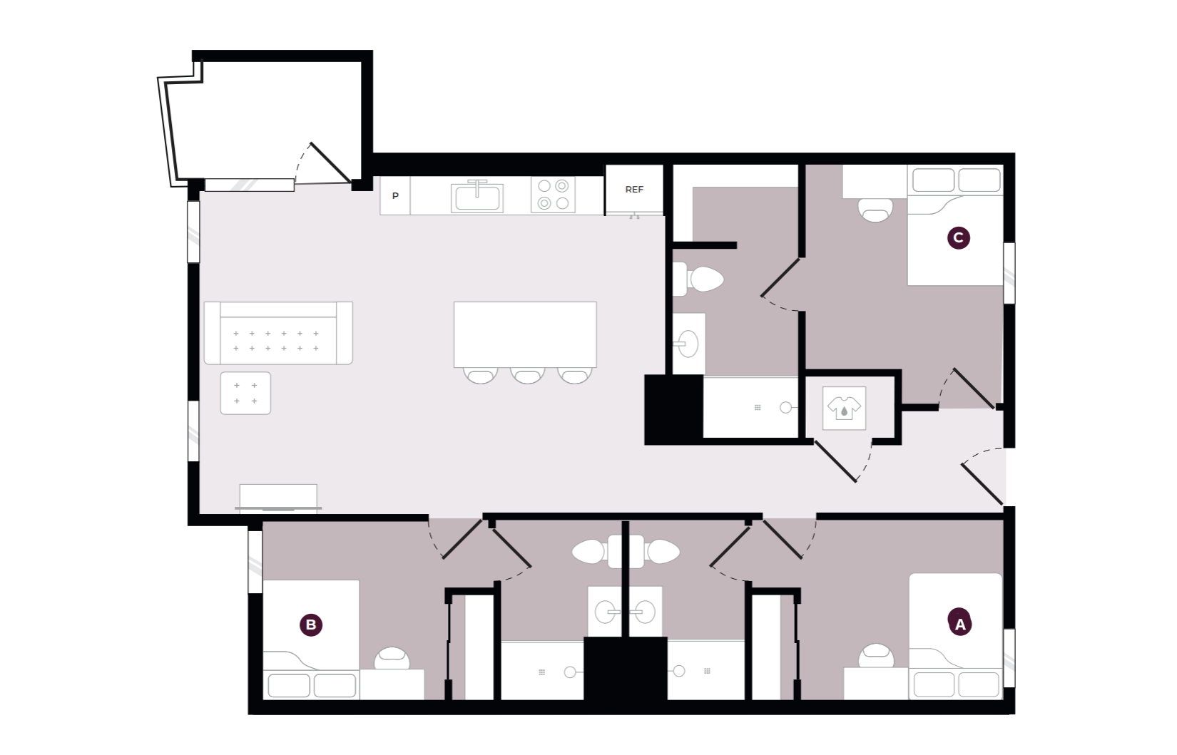 Modern 2D floor plan highlighting 3 bedrooms, a welcoming open-concept living and dining area, and a sleek kitchen design.