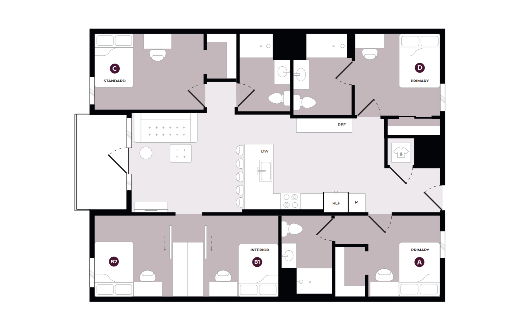 Modern floor plan featuring three spacious bedrooms, an open-concept kitchen with island seating, and multiple bathrooms, perfect for stylish living.