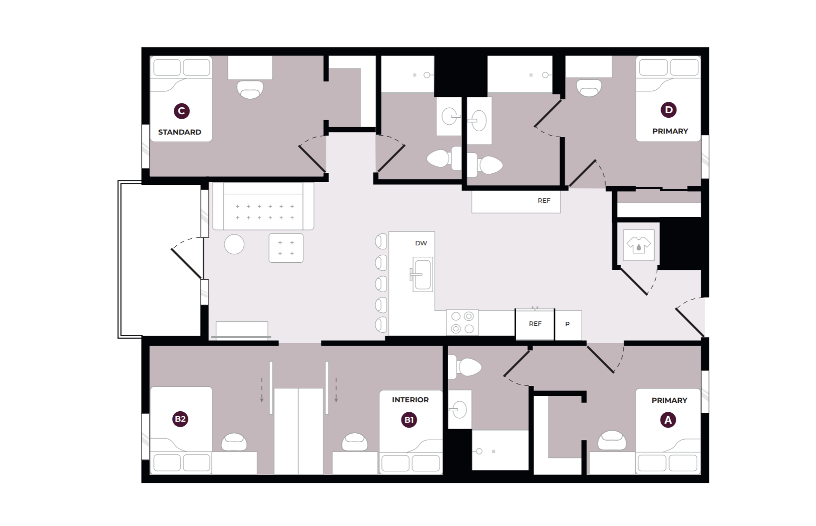 Modern 4-bedroom floor plan featuring an open-concept kitchen and living area, spacious primary suites, and convenient storage solutions.