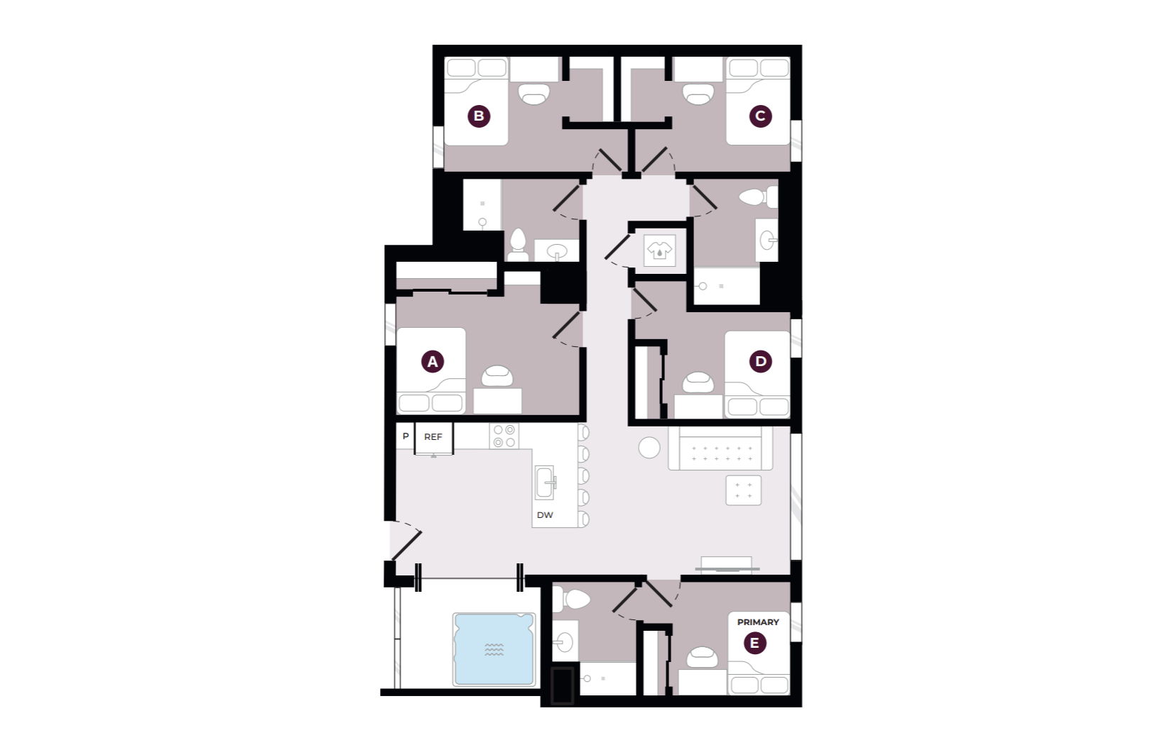 Modern and spacious 5-bedroom floor plan featuring open-concept living, sleek kitchen, and private bathrooms.