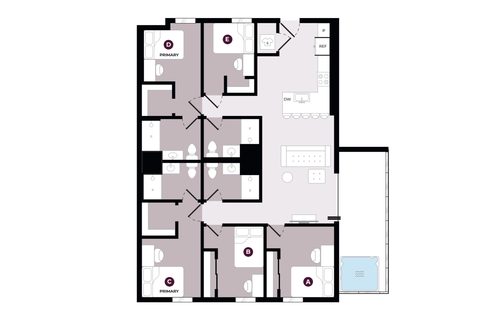 Elegant floor plan showcasing 5 bedrooms, 4 bathrooms, a modern open-concept living area, and a stylish kitchen with island, complete with a private patio.
