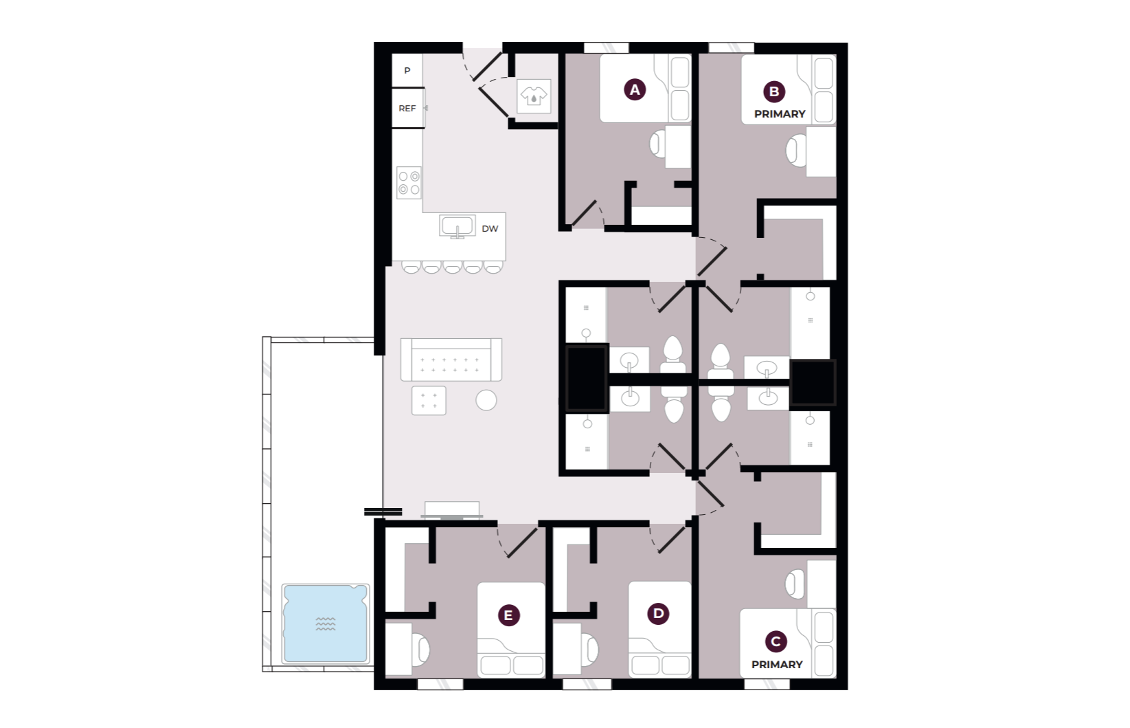 Modern floor plan featuring 5 bedrooms, spacious open-plan kitchen and living area, with dual primary suites and adjoining bathrooms.