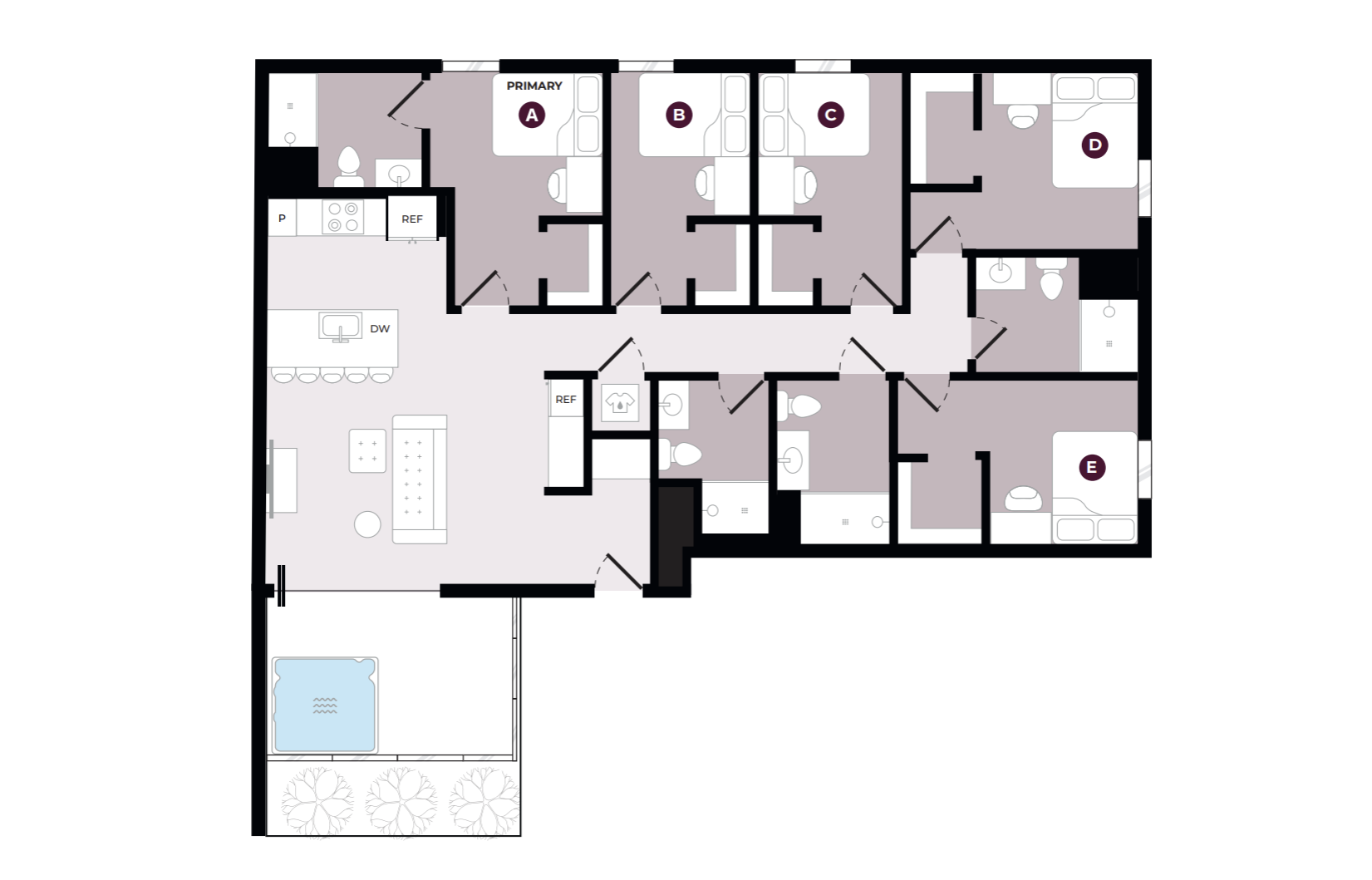Modern floor plan showcasing 5 bedrooms, an open-concept kitchen and living area, and spacious layout with outdoor space including a hot tub.