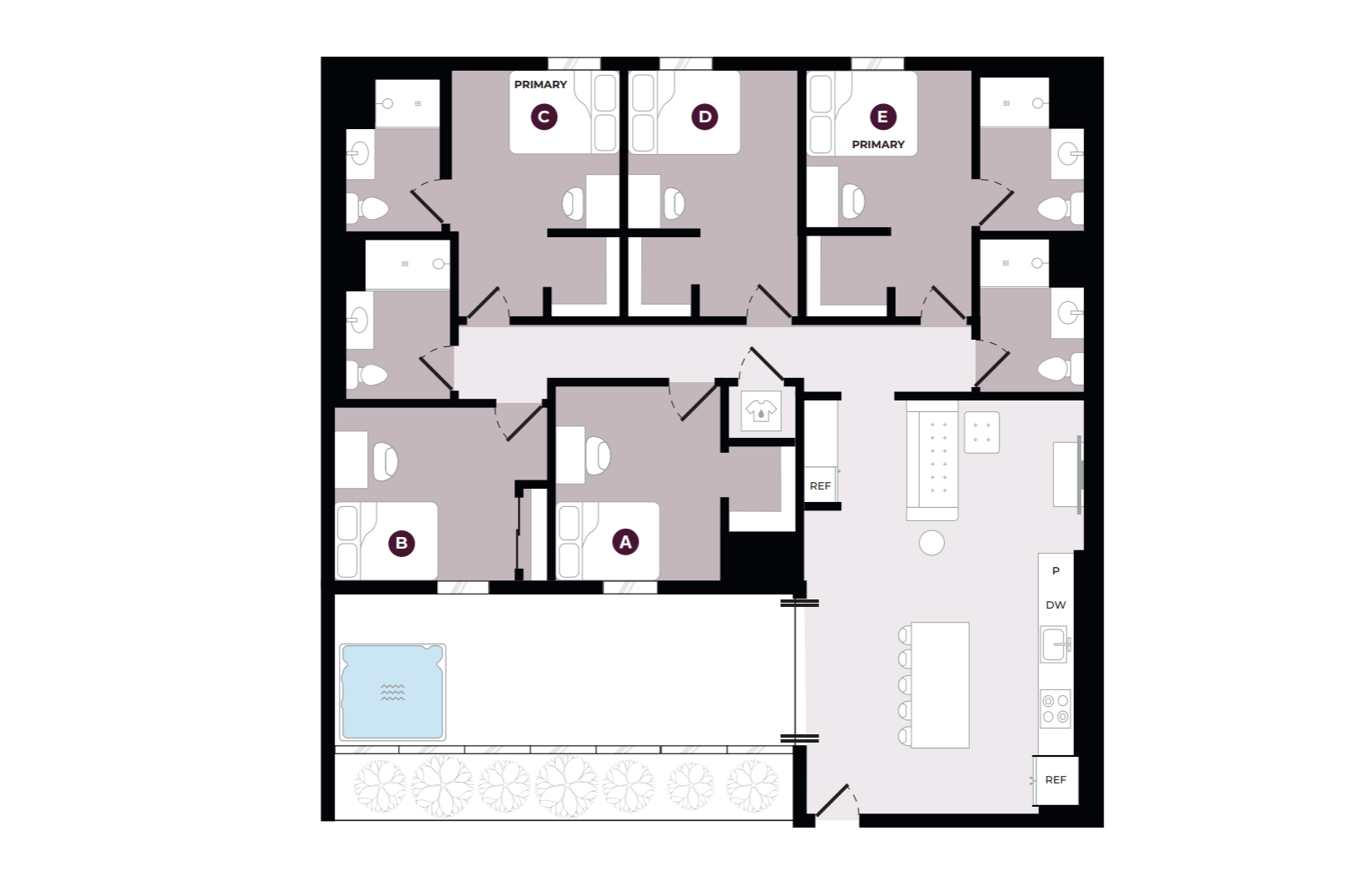 Modern apartment floor plan showcasing five bedrooms, multiple bathrooms, an open living and dining area, and a stylish kitchen with an island. Includes a balcony with space for outdoor relaxation.