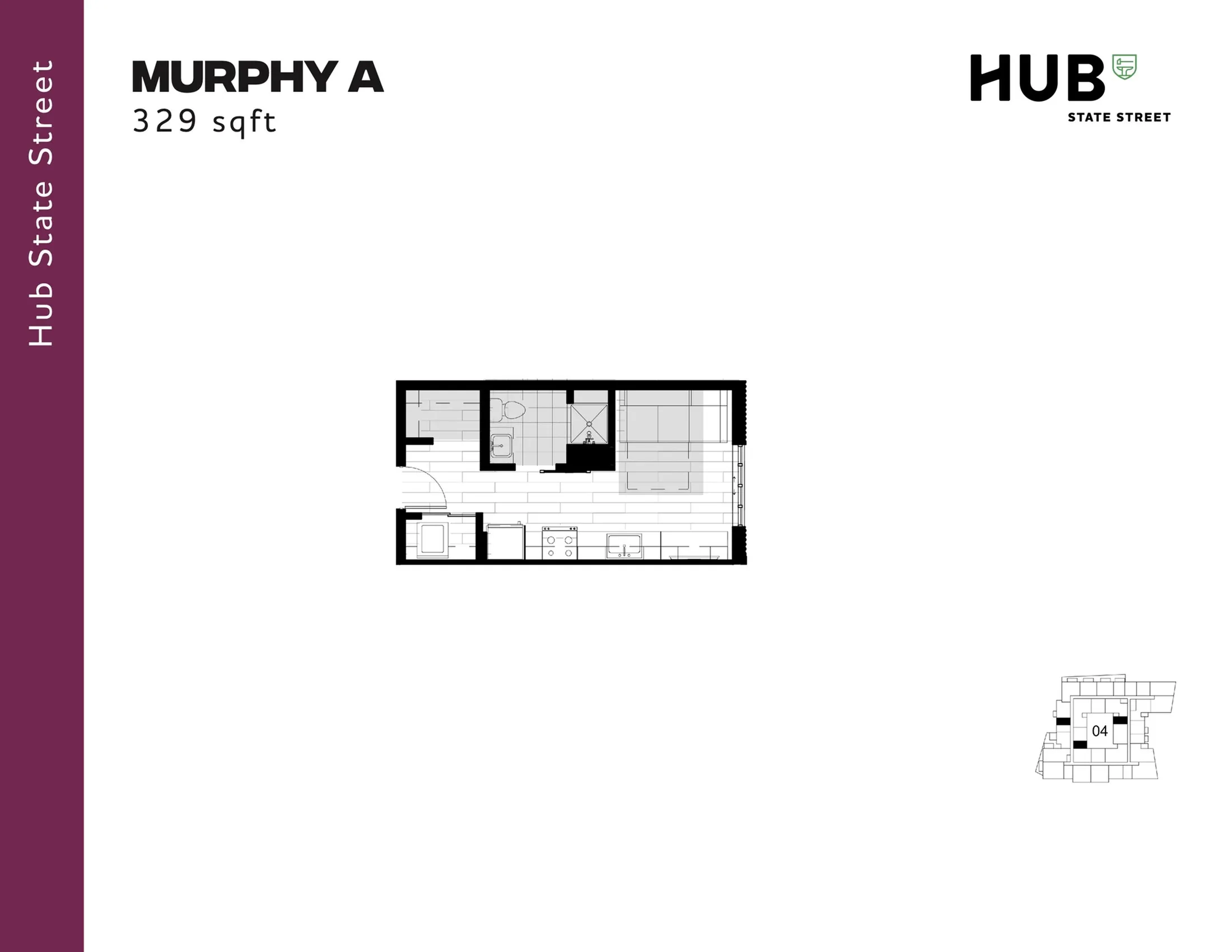 Compact Murphy A floor plan at Hub State Street featuring efficient layout in 329 sq ft, including a modern kitchen, cozy living area, and bathroom.