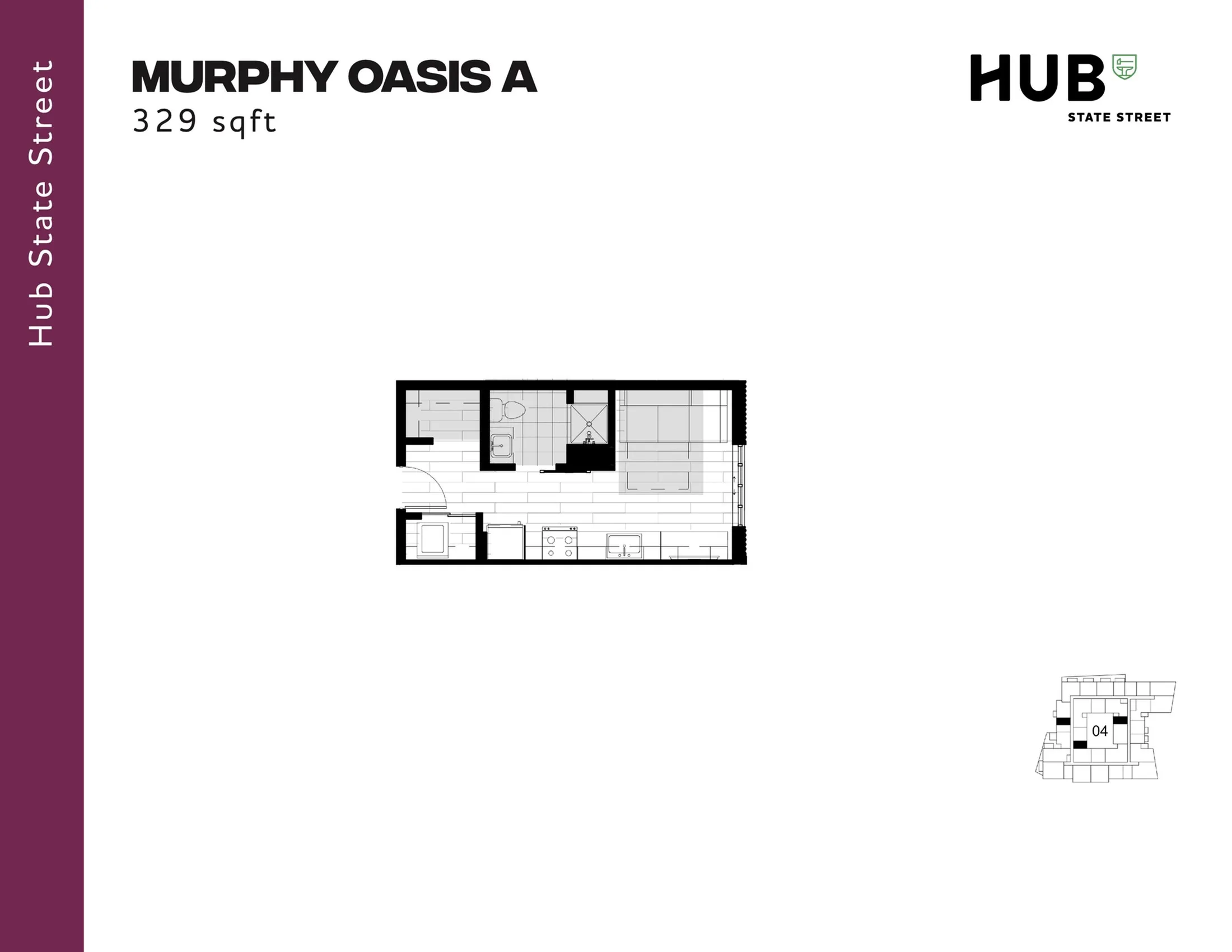 Murphy Oasis A floor plan featuring a compact yet modern living space, 329 sqft, with a well-designed kitchen and bathroom layout at Hub State Street.