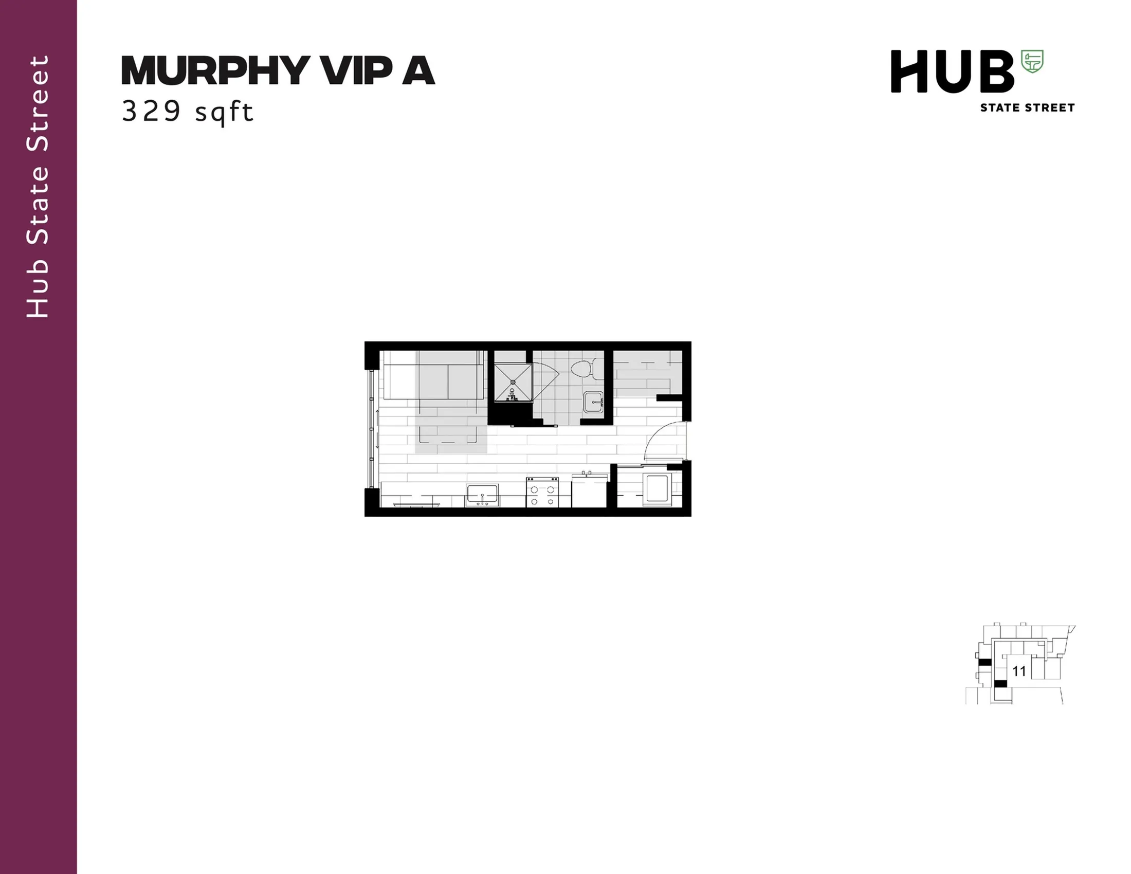 Compact and efficient floor plan for Murphy VIP A at Hub State Street, featuring an open living space with integrated kitchen and bathroom, totaling 329 square feet.
