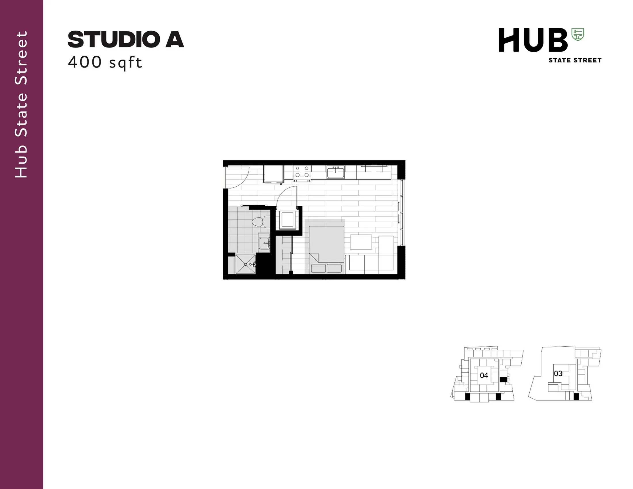 Modern Studio A floor plan at Hub State Street, featuring 400 sqft with open living space and efficient layout.