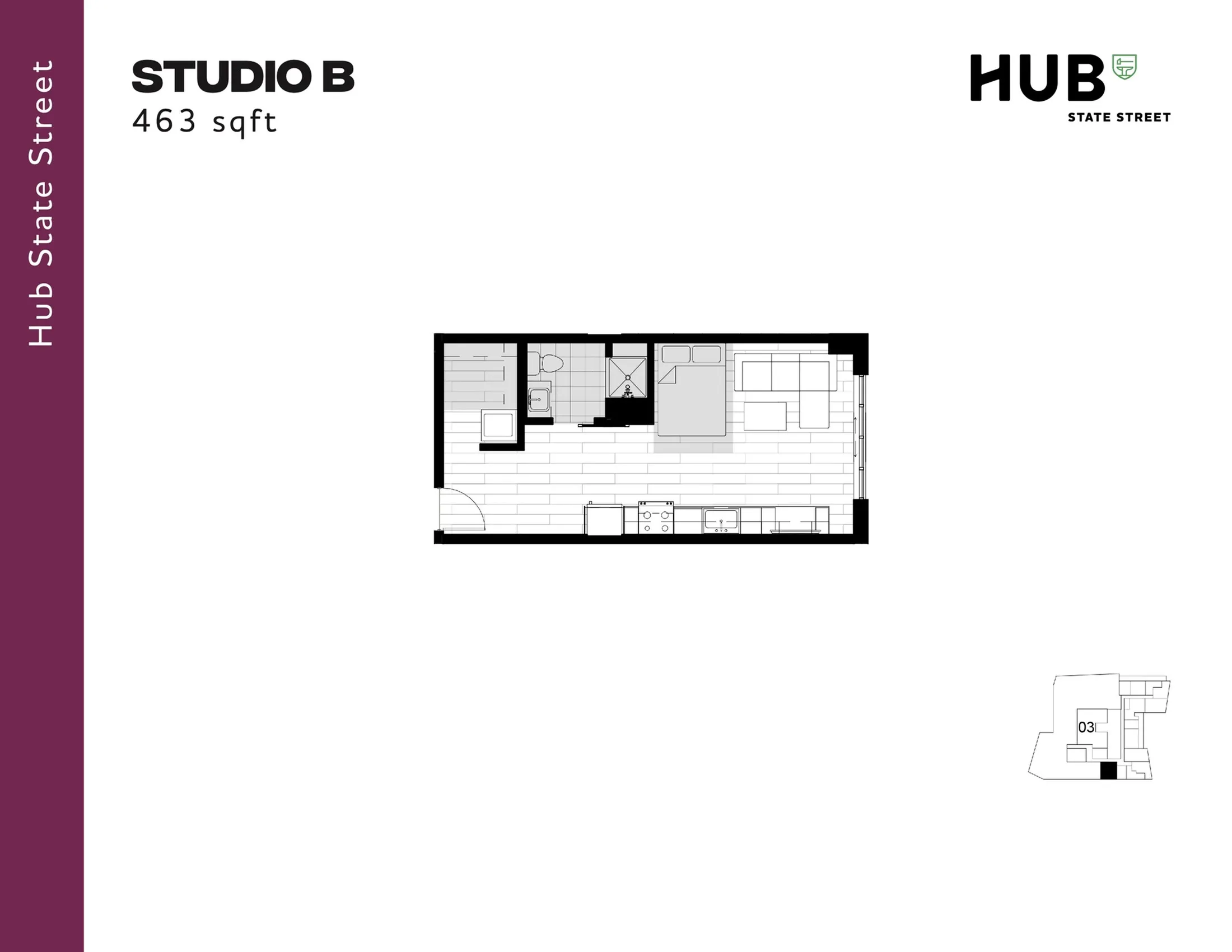 Sleek Studio B floor plan at Hub State Street, 463 sqft featuring a modern open layout with a cozy living and sleeping area, stylish kitchen, and compact bathroom.