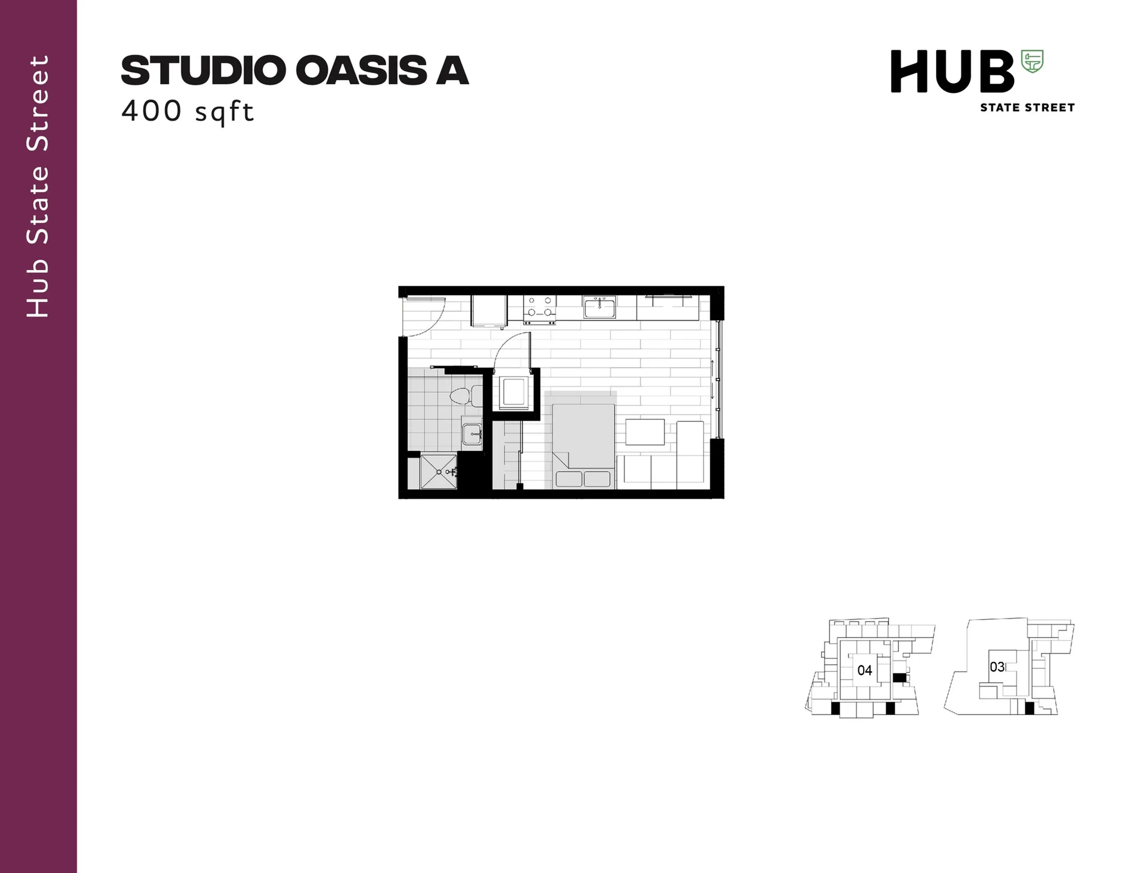 Modern Studio Oasis A floor plan featuring an efficient 400 sqft layout with a cozy living area, compact kitchen, and private bathroom at Hub State Street.
