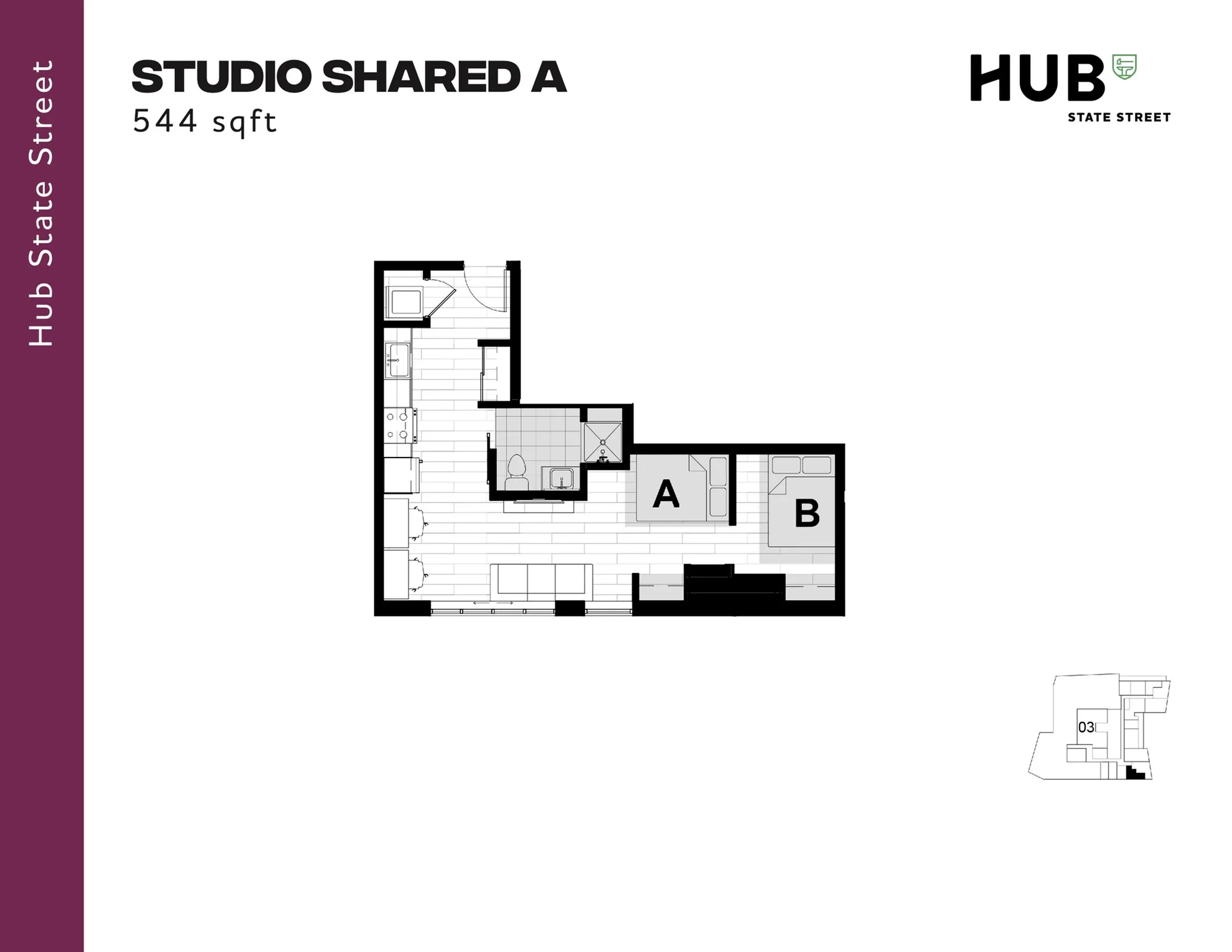 Contemporary 544 sqft Studio Shared A floor plan at Hub State Street, featuring two distinct sleeping areas, a modern kitchen, and a cozy living space.