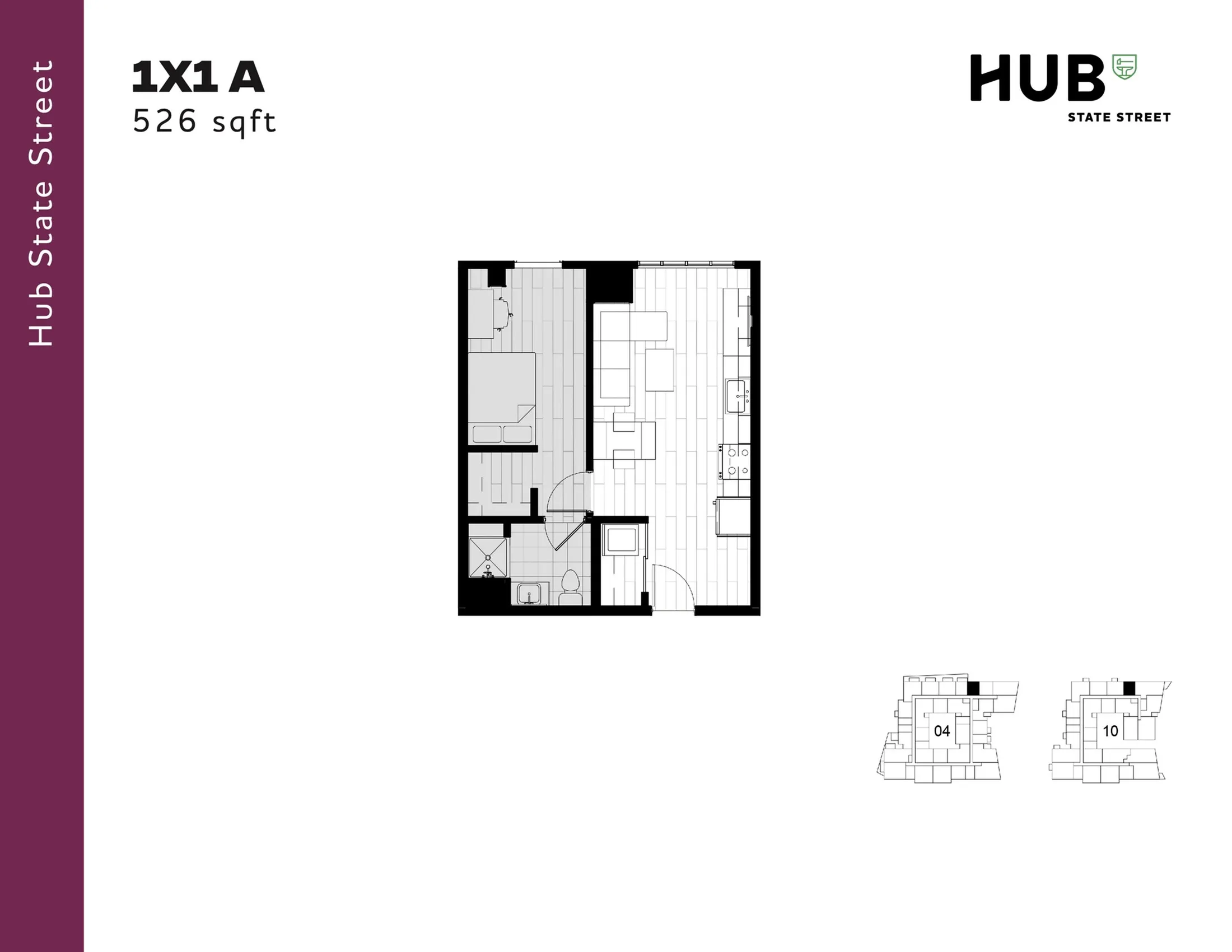 Modern 1X1 A floor plan at Hub State Street, showcasing 526 sqft with a cozy bedroom, inviting living area, and efficient kitchen layout.