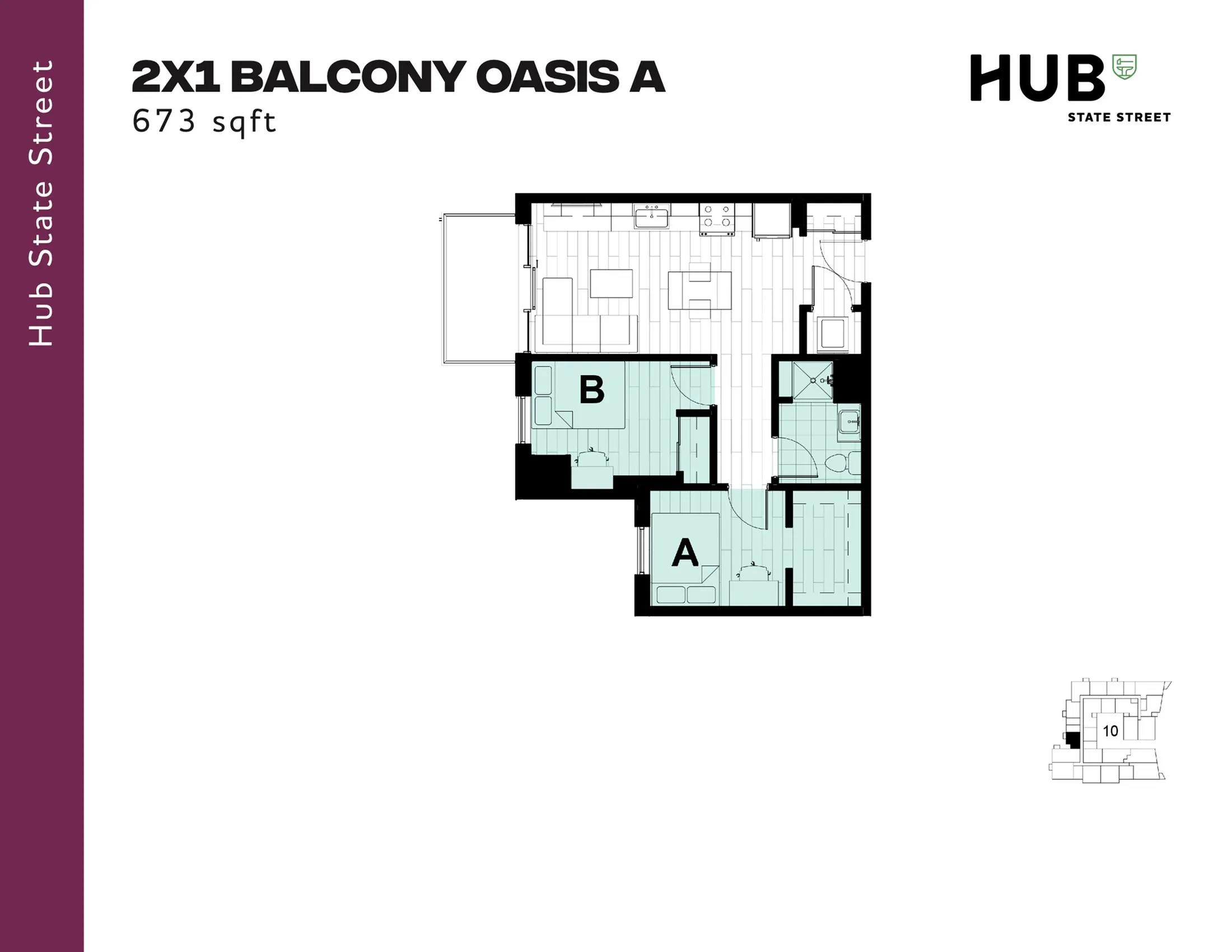 Optimal 2x1 Balcony Oasis A floor plan at Hub State Street, featuring 2 bedrooms, a sleek kitchen, and cozy living area, totaling 673 sqft.