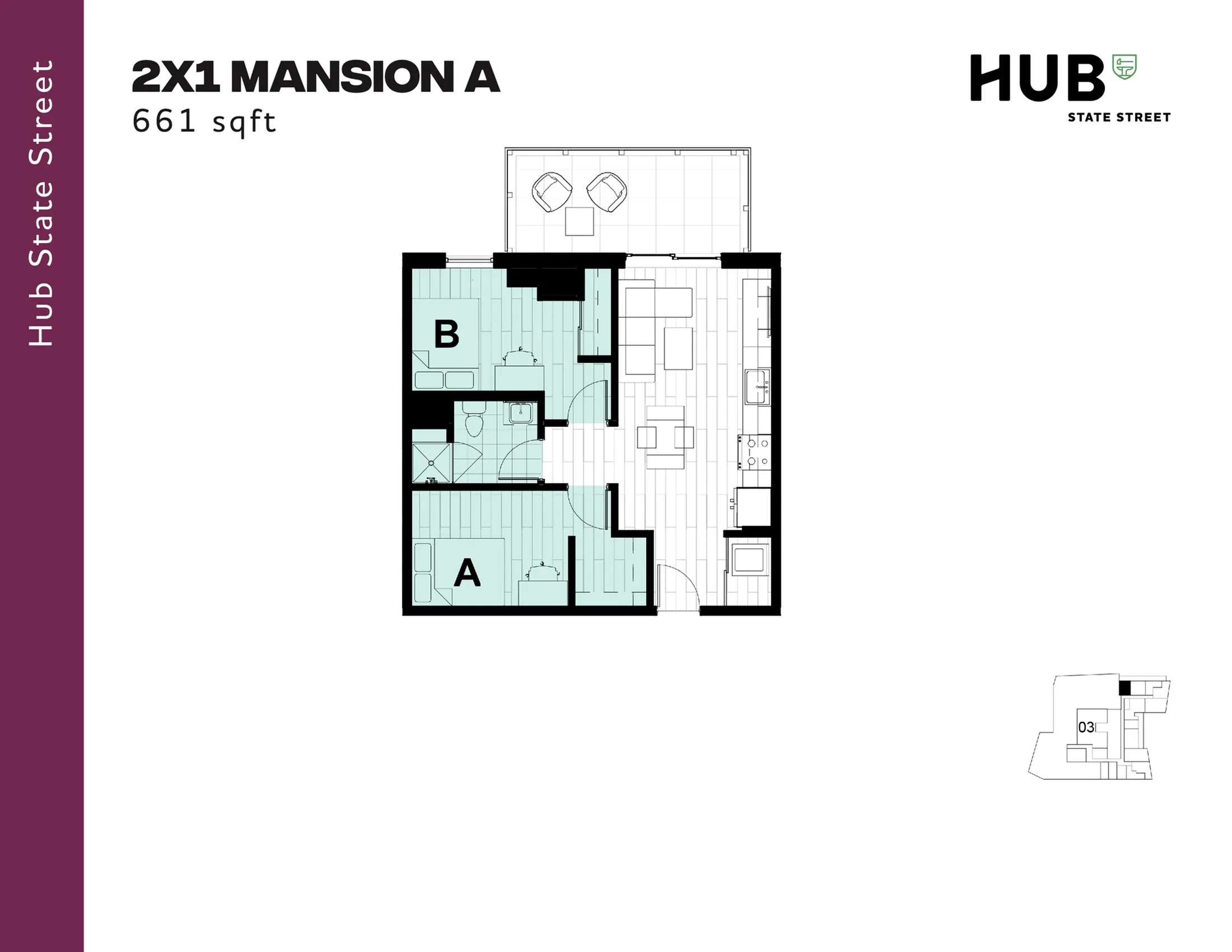 Chic 2X1 Mansion A floor plan showcasing 661 sqft with two cozy bedrooms, an inviting living space, and a modern kitchen at Hub State Street.