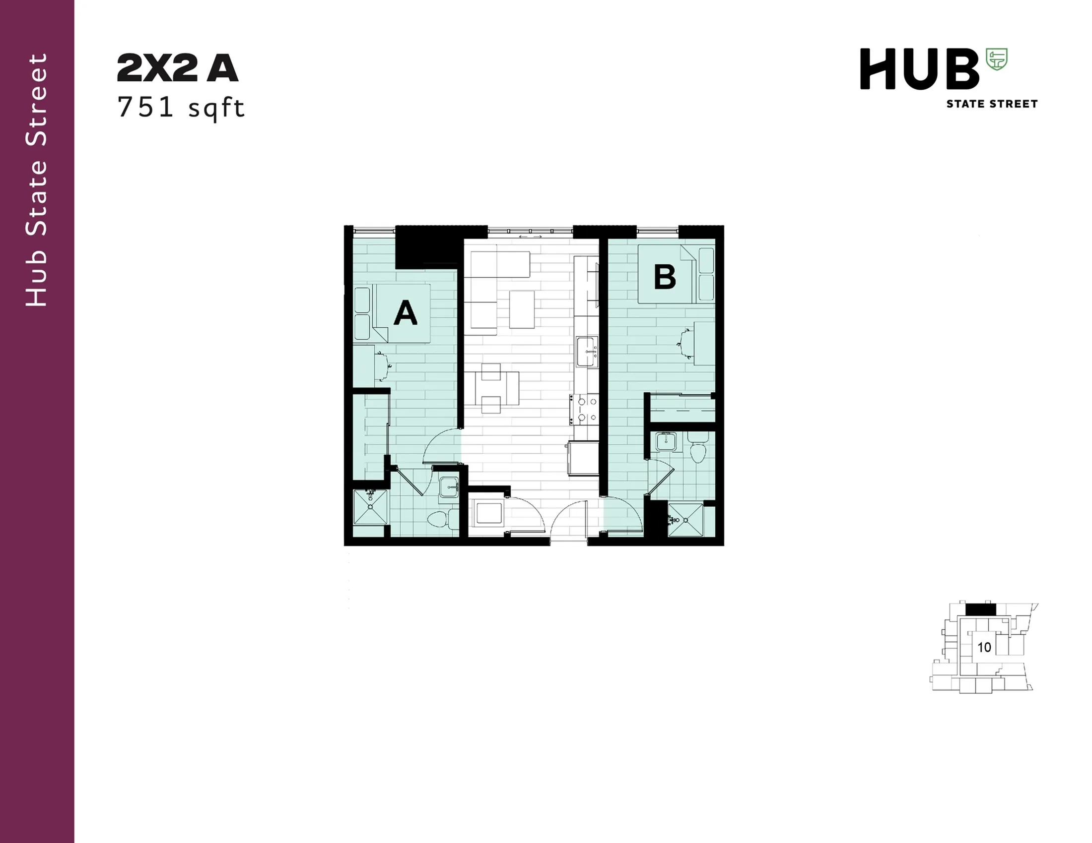 Hub State Street 2X2 A floor plan featuring 751 sqft of modern living space with 2 bedrooms, 2 bathrooms, and an open-concept kitchen and living area.