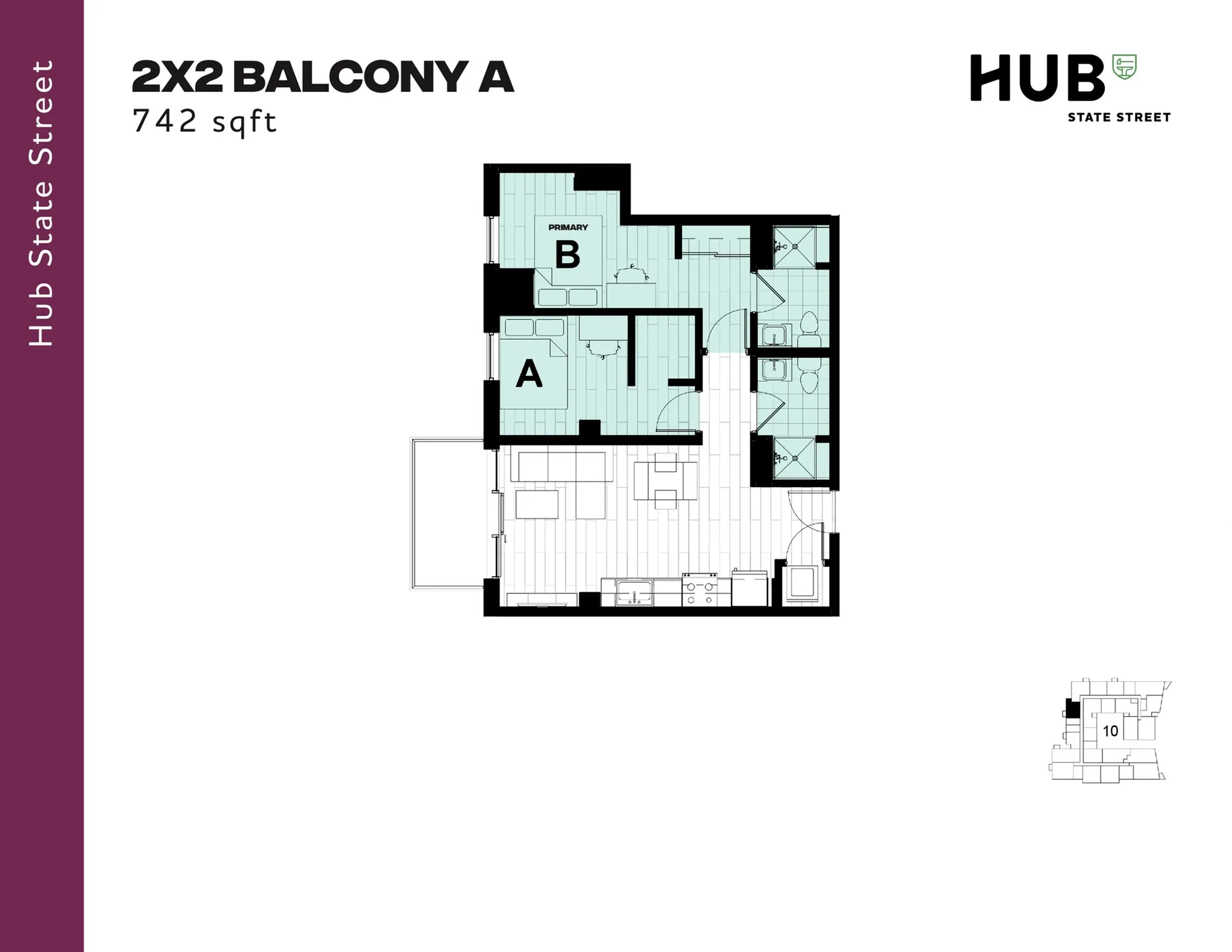 Modern 742 sqft floor plan of Hub State Street featuring 2 bedrooms and 2 bathrooms with a spacious balcony.