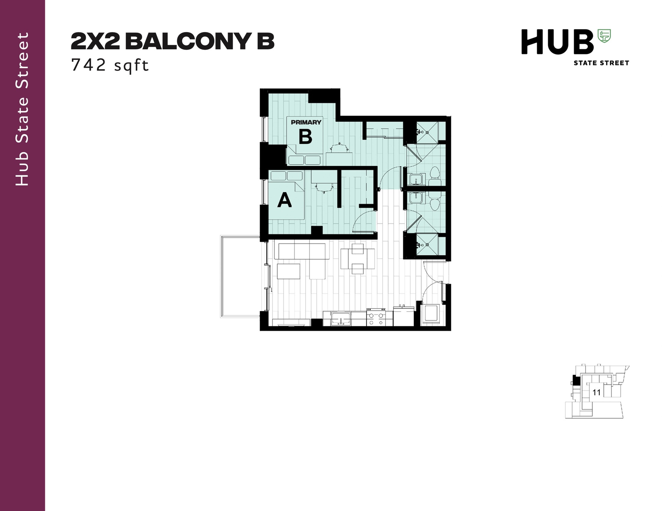 Modern 742 sqft floor plan titled '2X2 Balcony B' at Hub State Street, featuring two bedrooms, two bathrooms, an open living area, and a balcony.