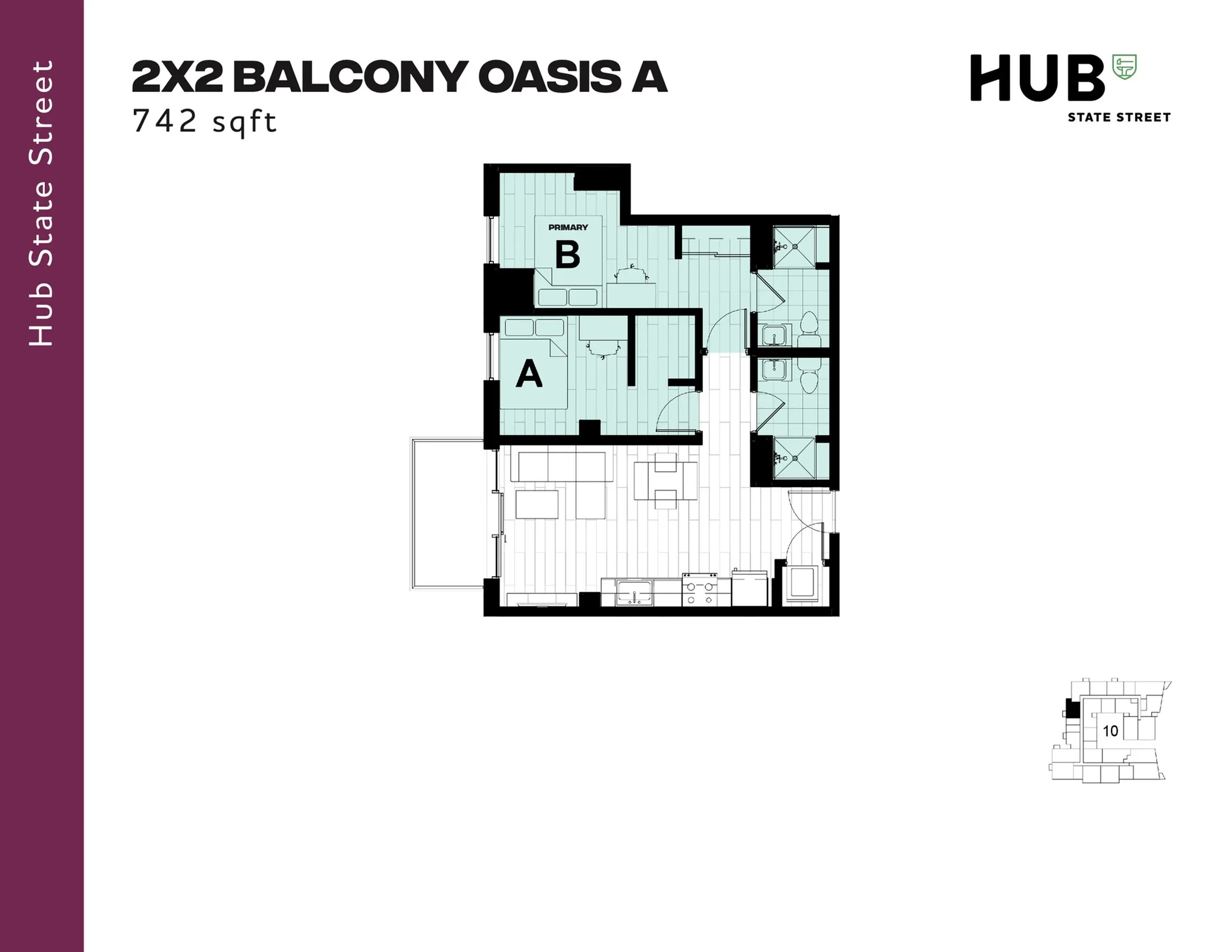 Modern 2x2 Balcony Oasis A floor plan featuring two bedrooms, two bathrooms, and an inviting open living space. Total area 742 sqft at Hub State Street.