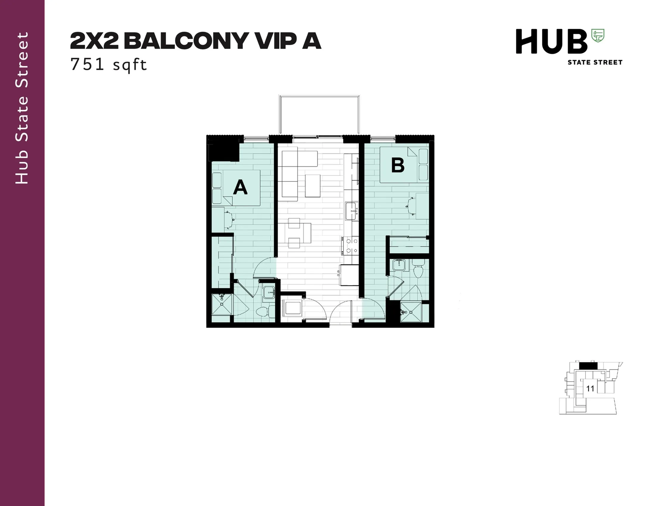Modern 2D floor plan titled '2X2 Balcony VIP A' showcasing 751 sqft with two bedrooms, a spacious living area, and a balcony at Hub State Street.