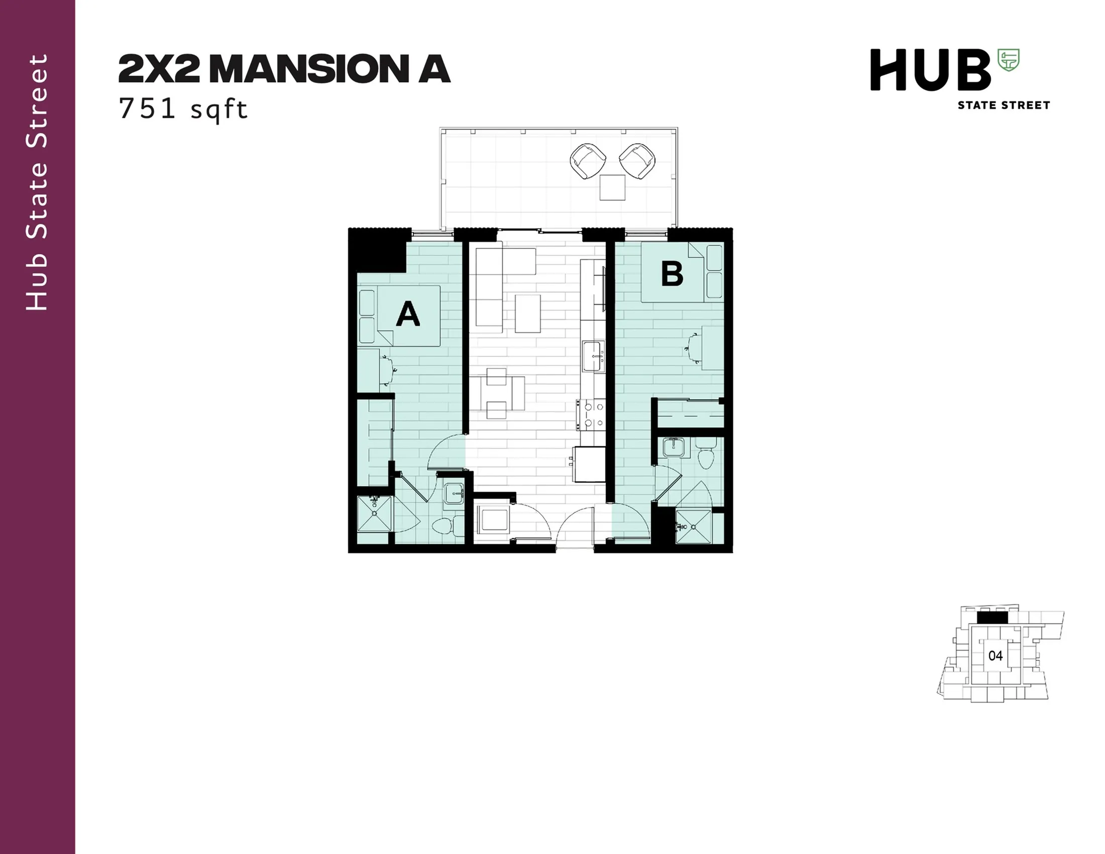 Chic Hub State Street 2x2 Mansion A floor plan with 2 bedrooms, modern amenities, and a welcoming open living space, spanning 751 sq ft.