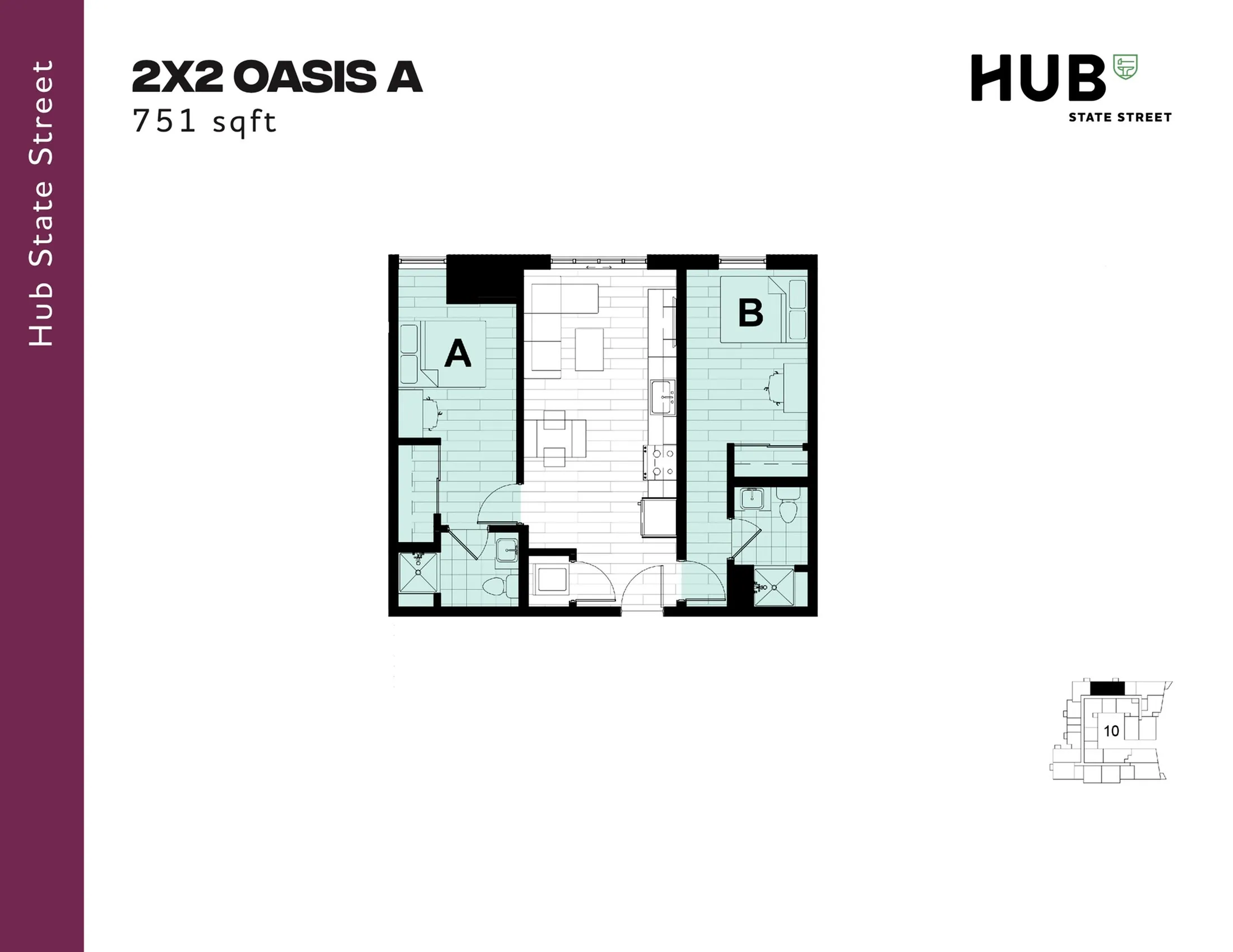 2X2 Oasis A floor plan at Hub State Street featuring 2 bedrooms, modern kitchen, and comfortable living area, 751 sqft layout.