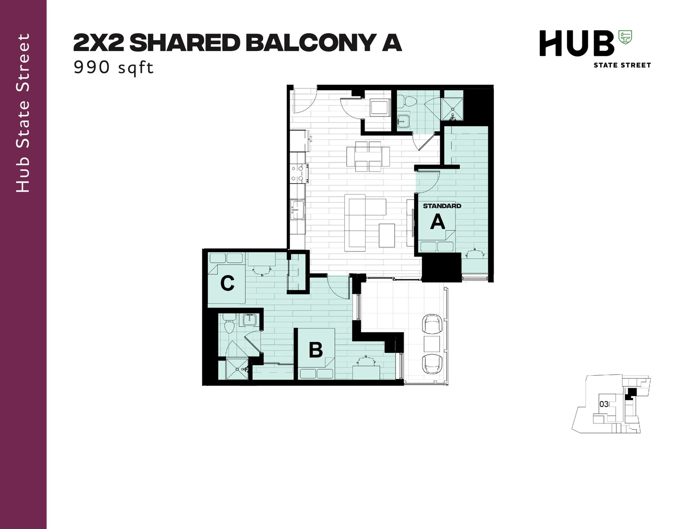 Modern 2-bedroom floor plan with shared balcony at Hub State Street, 990 sqft, featuring a spacious living area and two bathrooms.