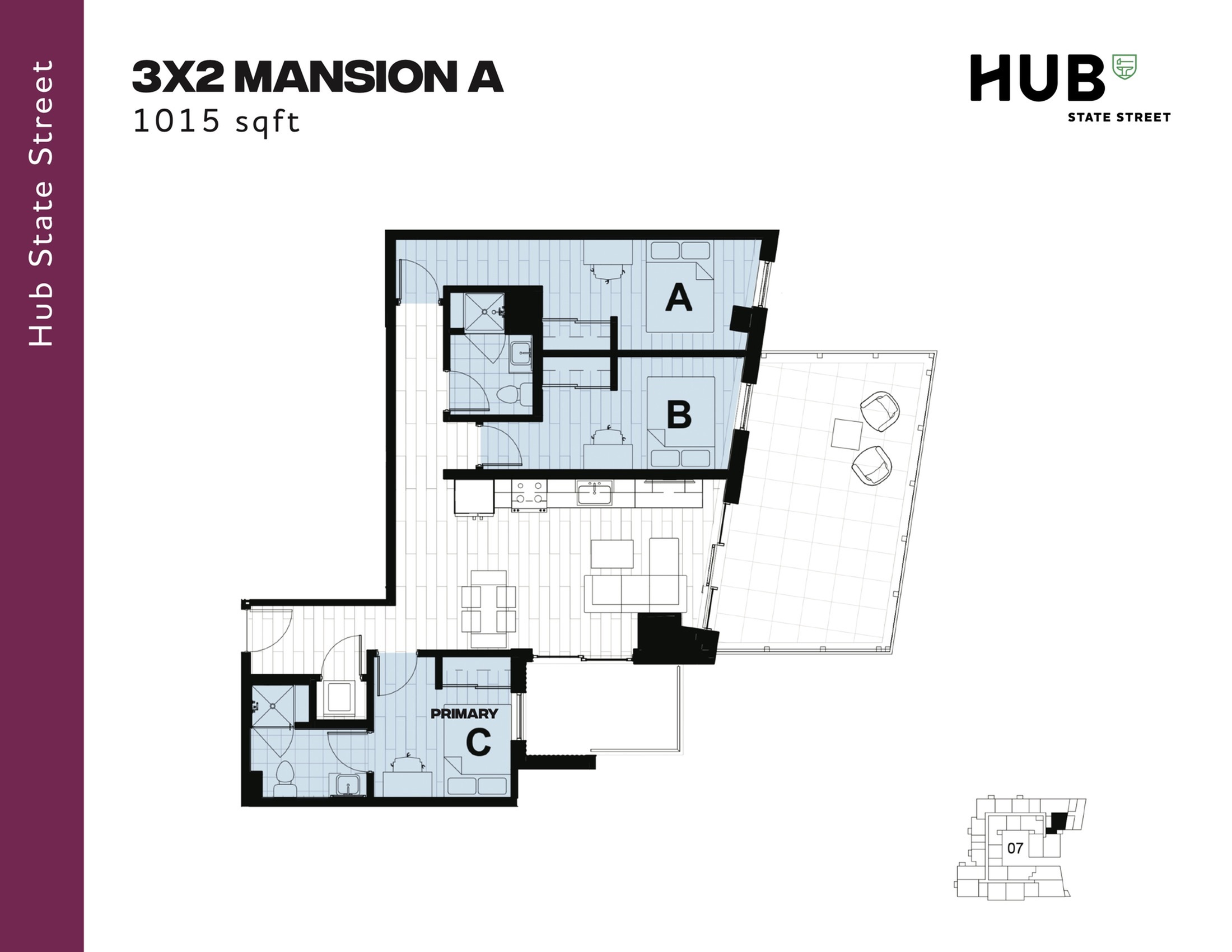 Hub State Street 3X2 Mansion A floor plan featuring a spacious 1015 sqft layout with 3 stylish bedrooms, a modern open-concept kitchen, and an expansive outdoor balcony area.