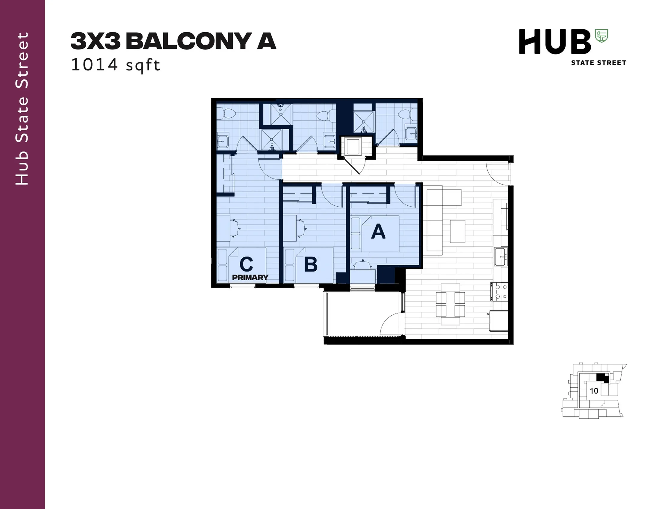 Modern 3x3 floor plan offering 1014 sqft of living space with a stylish balcony, three bedrooms, and an open-concept living area at Hub State Street.