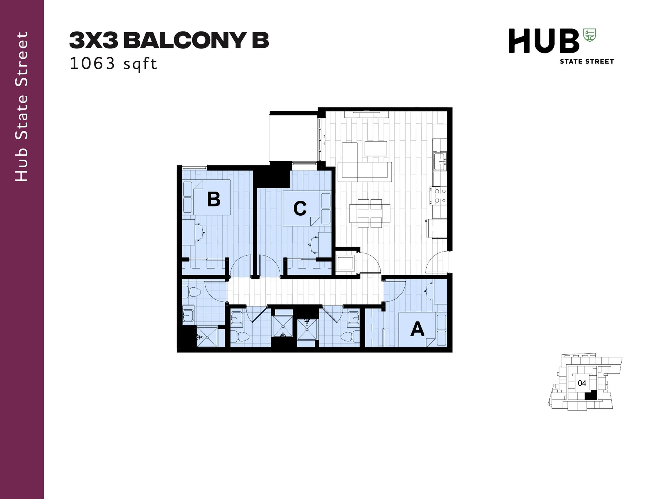 Modern 3x3 Balcony B floor plan offering 3 bedrooms and 3 bathrooms within 1063 sqft, featuring a spacious living area and functional kitchen at Hub State Street.