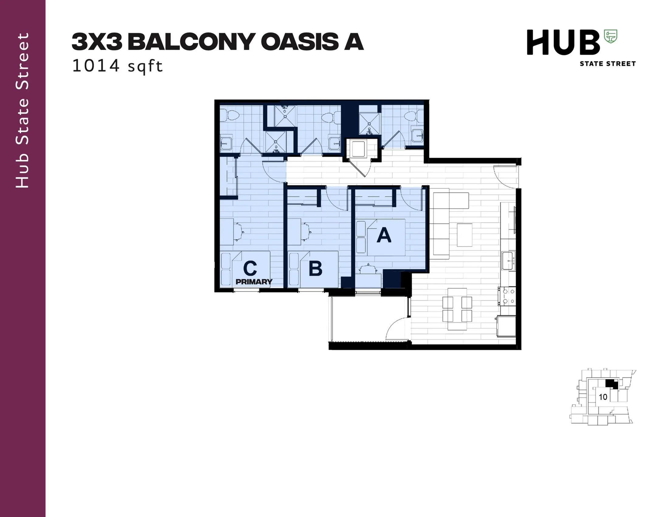 3x3 Balcony Oasis A floor plan featuring 3 bedrooms, spacious living area, and modern kitchen, 1014 sqft.