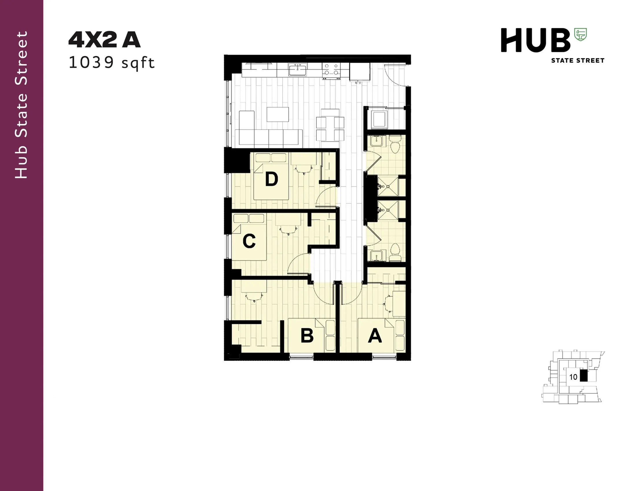 Modern floor plan for Hub State Street features 4 bedrooms and 2 bathrooms spread over 1039 sqft, with an open-concept kitchen and dining area.