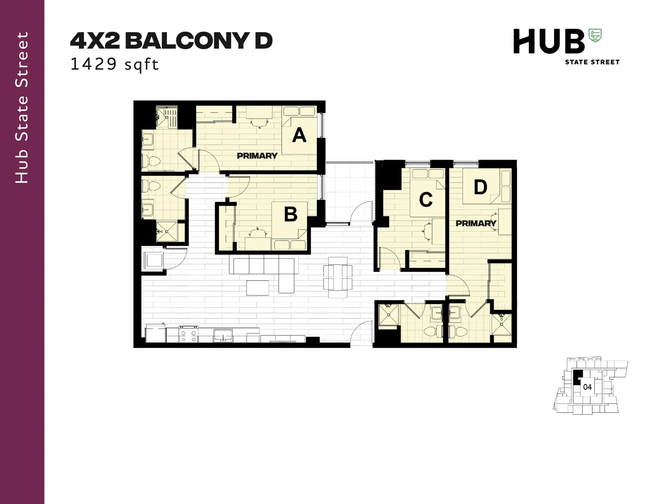 Spacious 4-bedroom floor plan at Hub State Street with an expansive balcony, open living area, and modern amenities, encompassing 1429 sq ft.