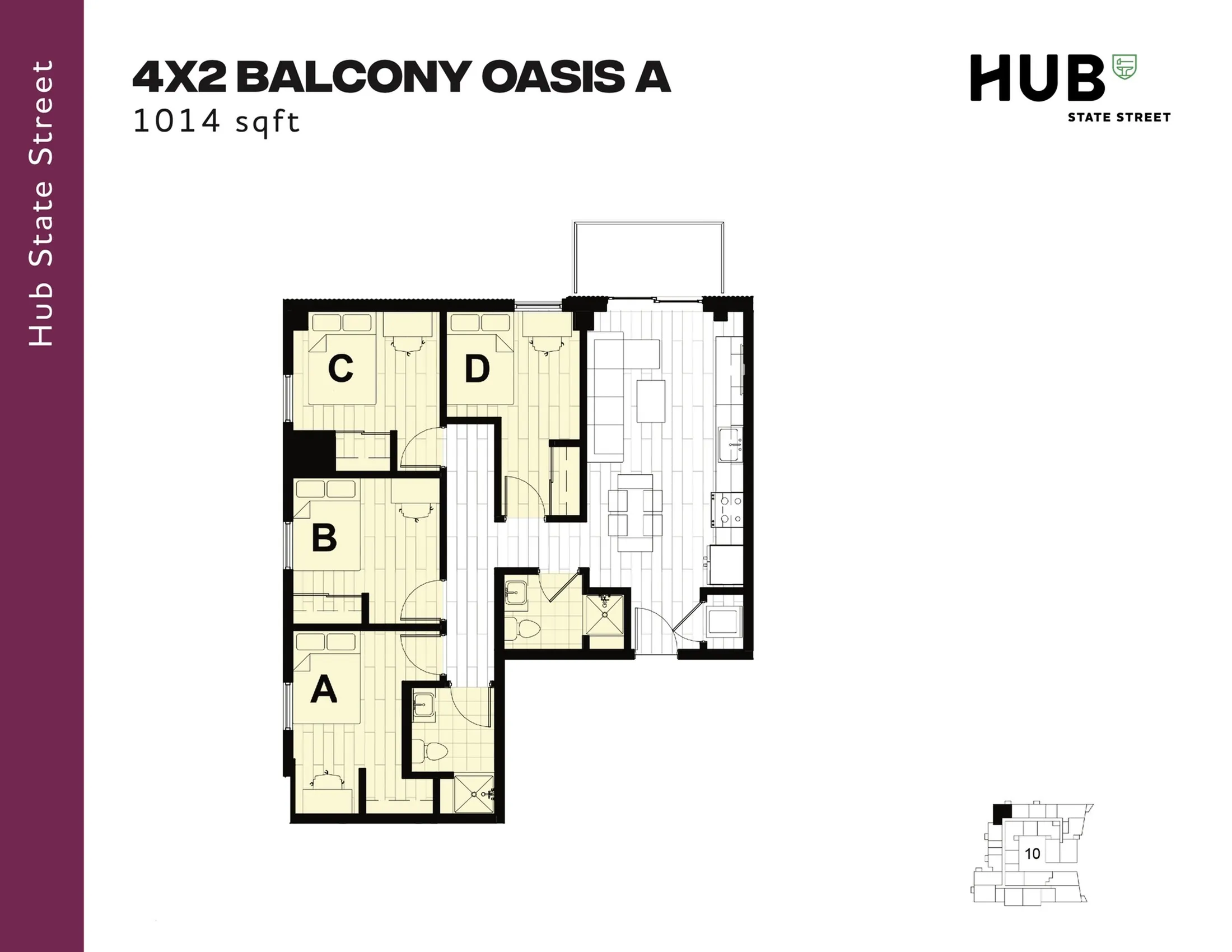Spacious 4-bedroom apartment floor plan, 'Balcony Oasis A', featuring an open living area with a modern kitchen, totaling 1014 sqft at Hub State Street.