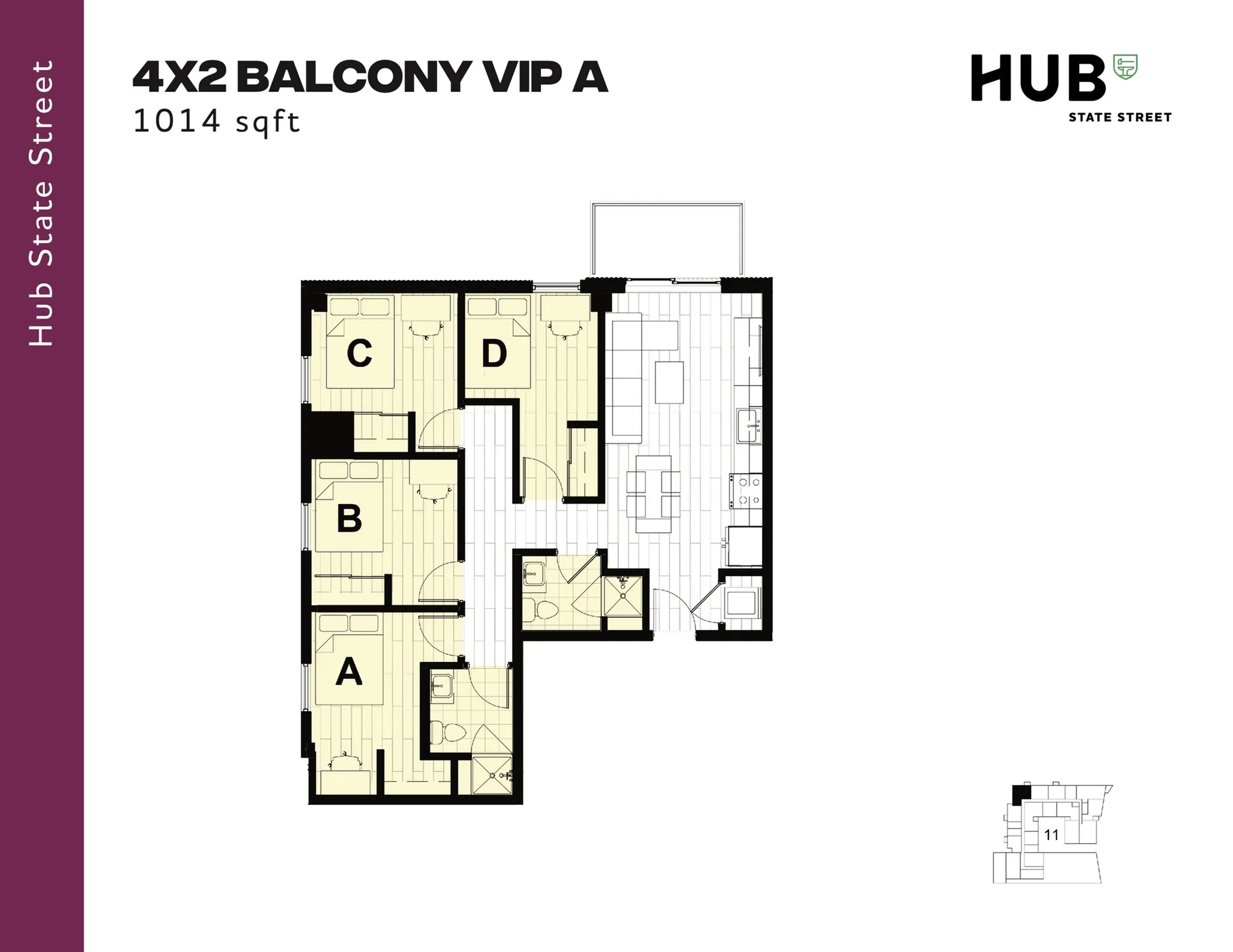 Modern floor plan for Hub State Street showcasing a 4x2 Balcony VIP A unit, featuring four spacious bedrooms, two bathrooms, and an open-concept kitchen and living area, totaling 1014 sqft.