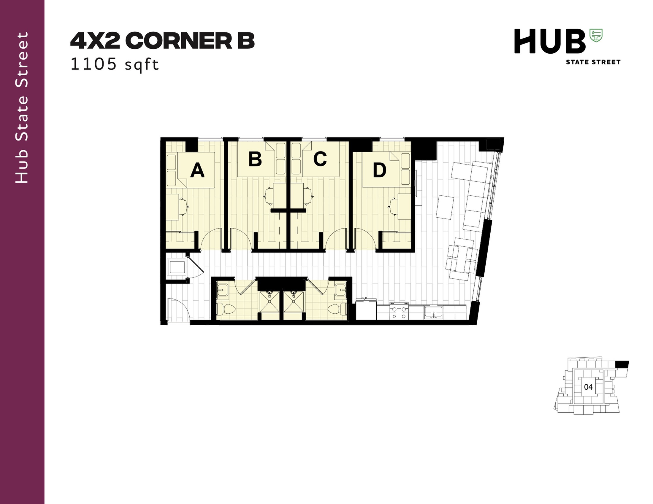Modern 4-bedroom corner apartment floor plan with open-concept living area, two bathrooms, and sleek kitchen layout, covering 1105 sqft at Hub State Street.