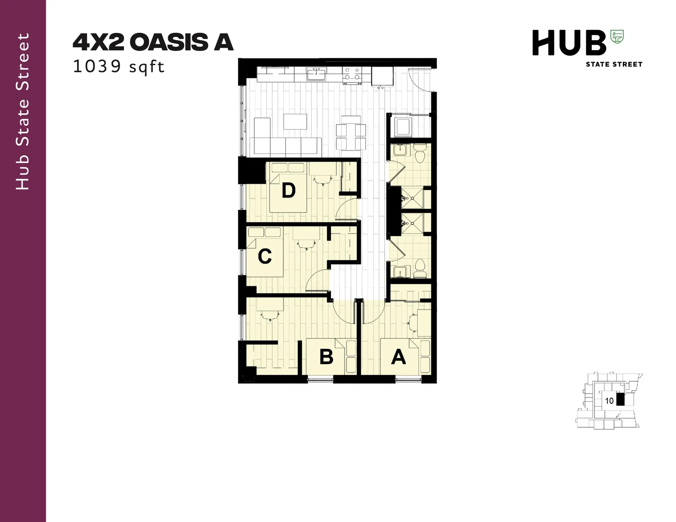 Modern 4X2 Oasis A floor plan at Hub State Street, featuring 4 bedrooms and 2 bathrooms, spread across a spacious 1039 sqft layout.