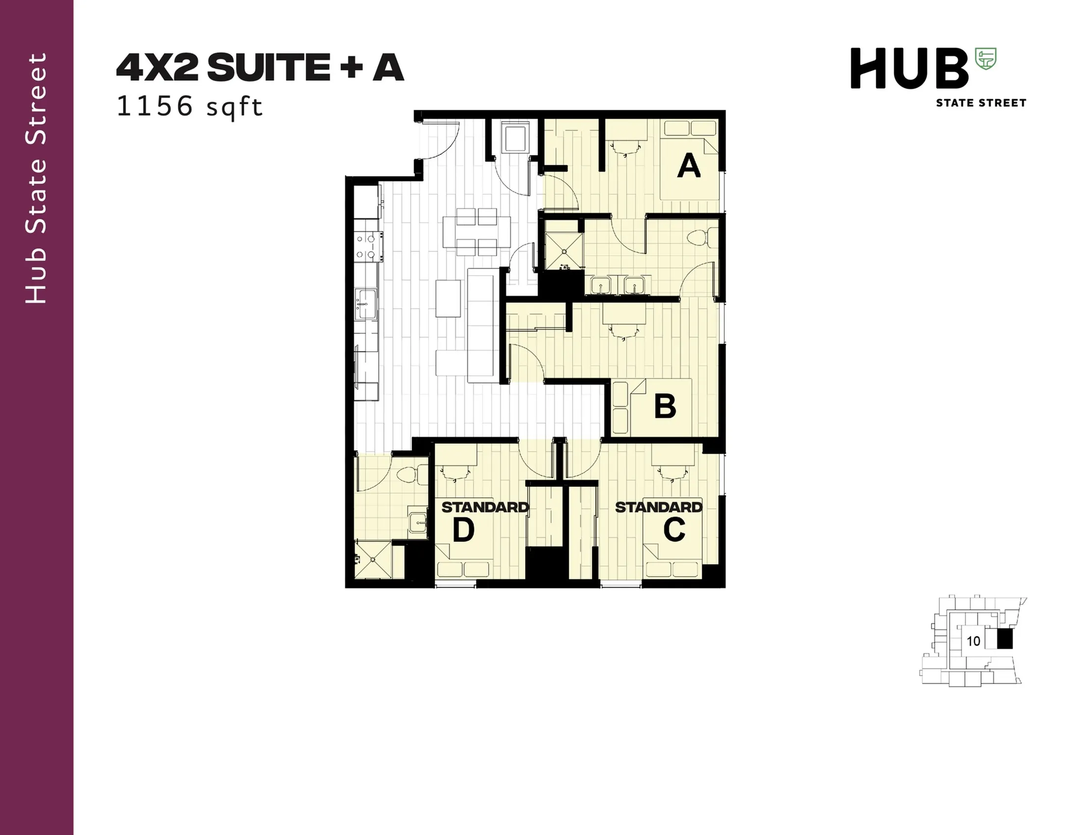 Modern floor plan for Hub State Street featuring a 4-bedroom, 2-bath layout with 1156 sqft, highlighting a spacious open-concept living and kitchen area.