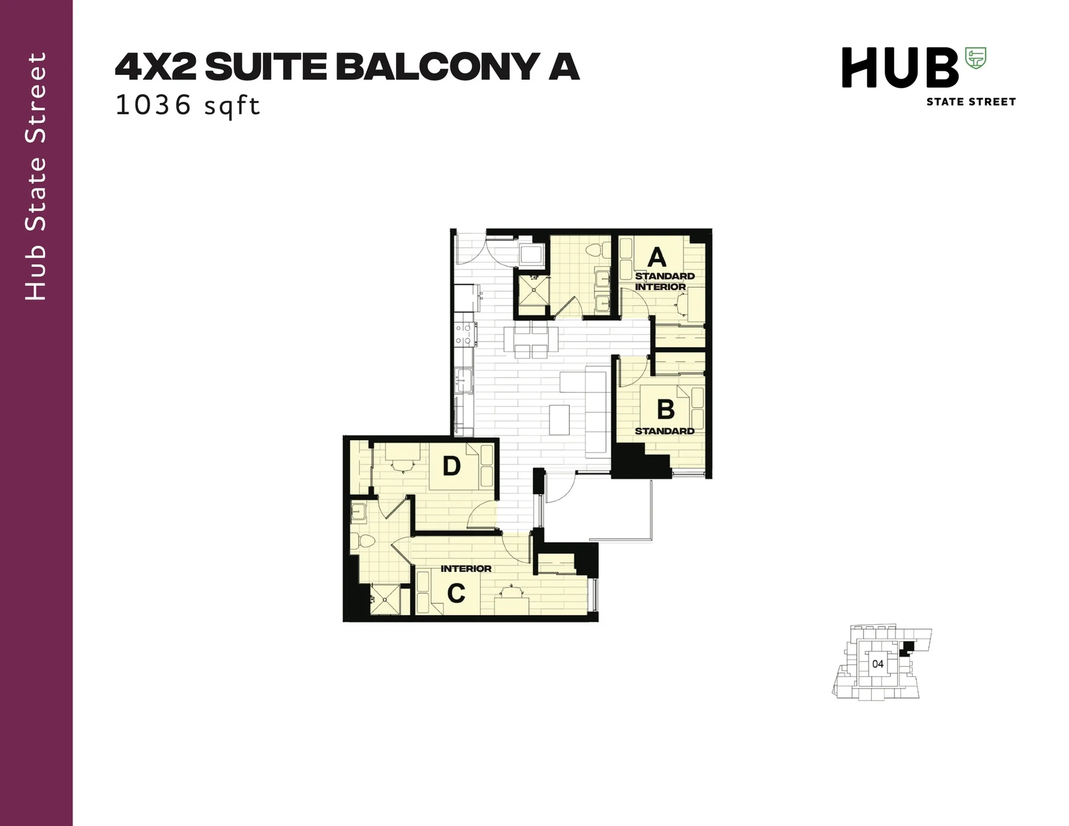 Modern 4-bedroom suite with balcony, featuring spacious common areas and a flexible layout, 1036 sq ft.