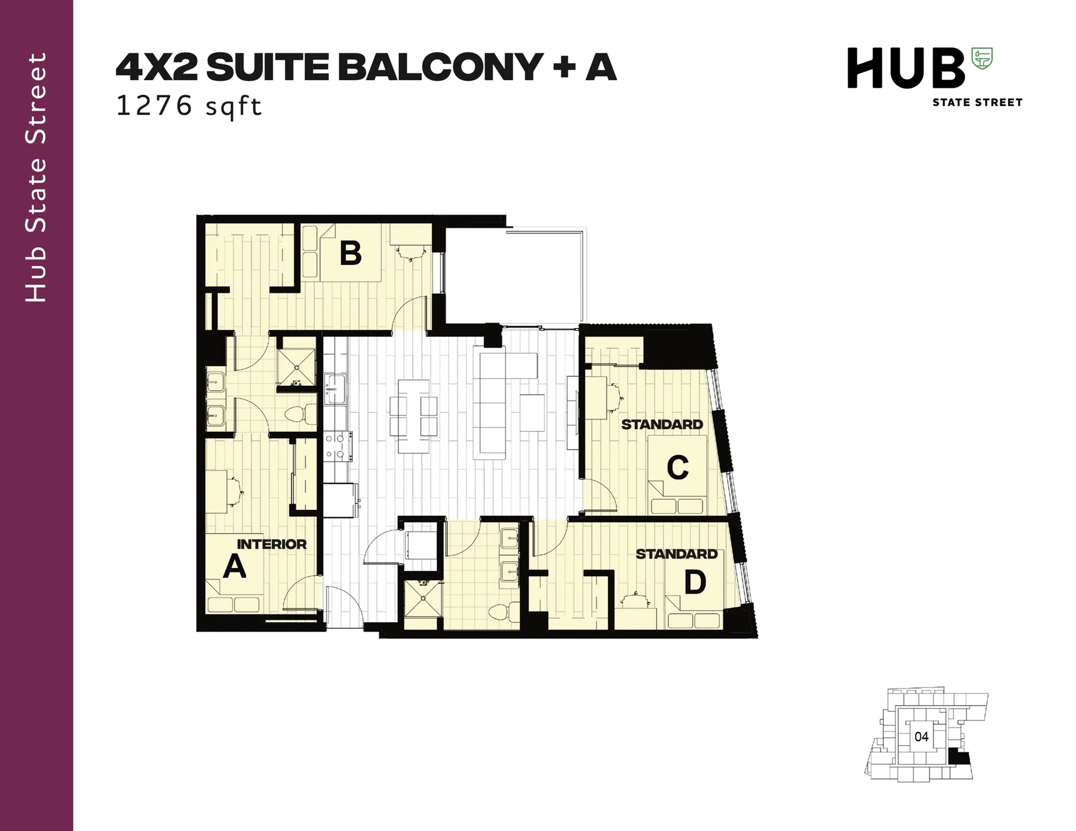 Modern floor plan of a 4-bedroom, 2-bath suite with balcony, featuring an open living area and spacious layout, 1276 sq ft.