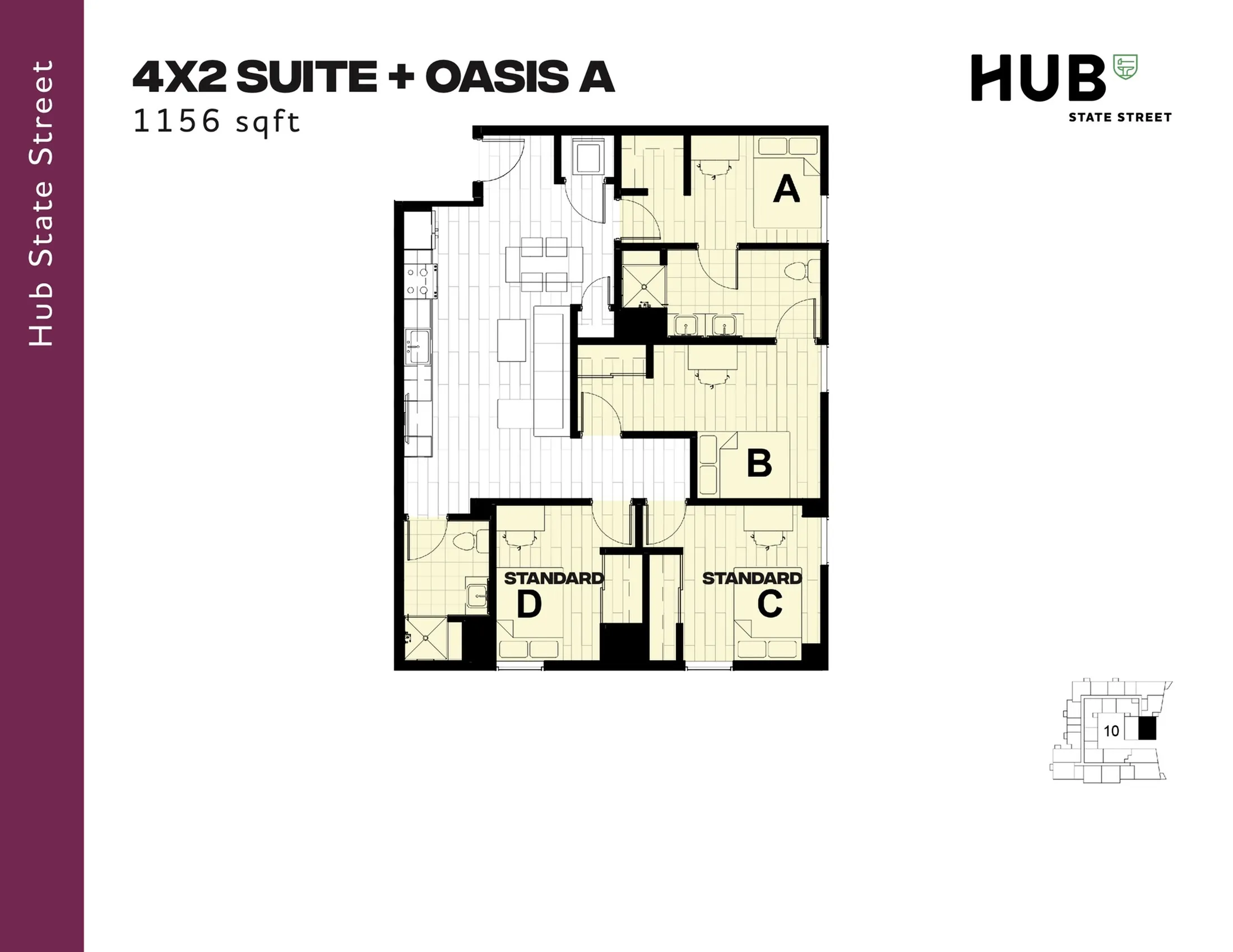 Spacious 4X2 Suite with Oasis A floor plan, featuring four bedrooms, two bathrooms, and open living areas in 1156 sqft, at Hub State Street.