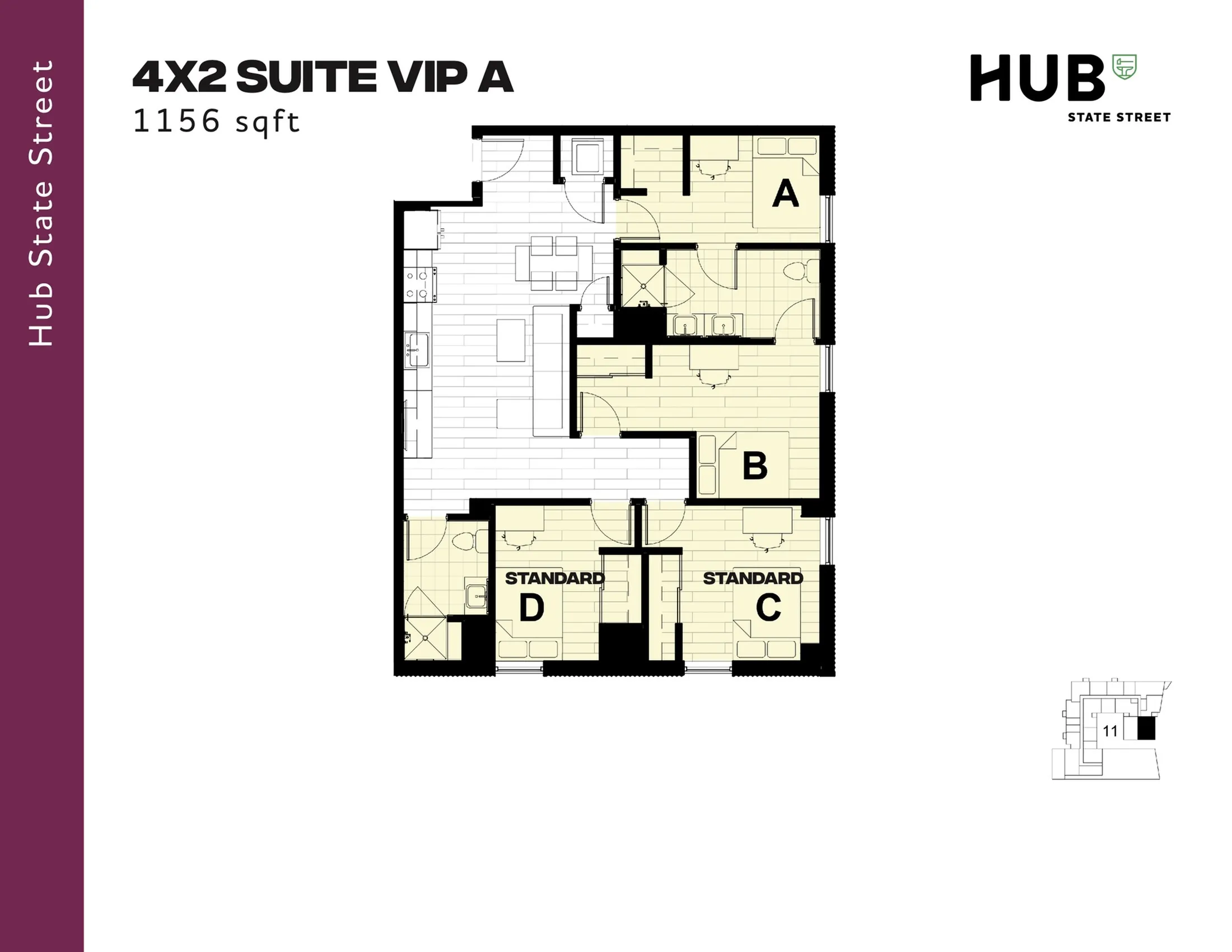 Contemporary floor plan for Hub State Street's 4x2 Suite VIP A with 1156 sqft, featuring four bedrooms, an airy living area, and a spacious kitchen.