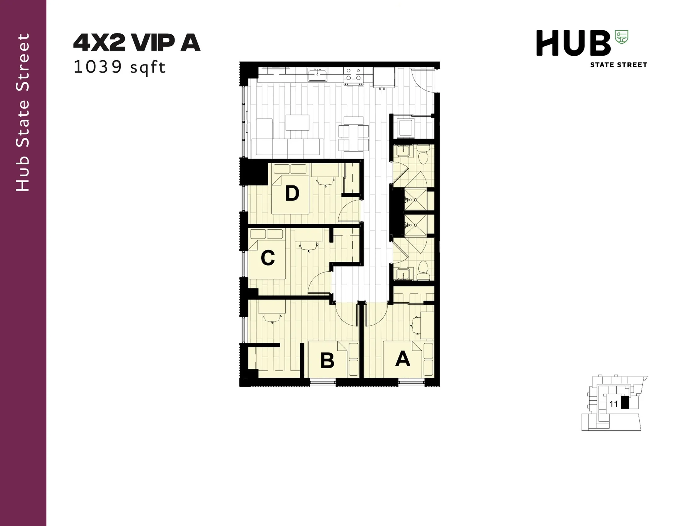 Hub State Street 4X2 VIP A floor plan featuring 4 bedrooms, 2 bathrooms, and a modern open kitchen layout in 1039 sq ft.