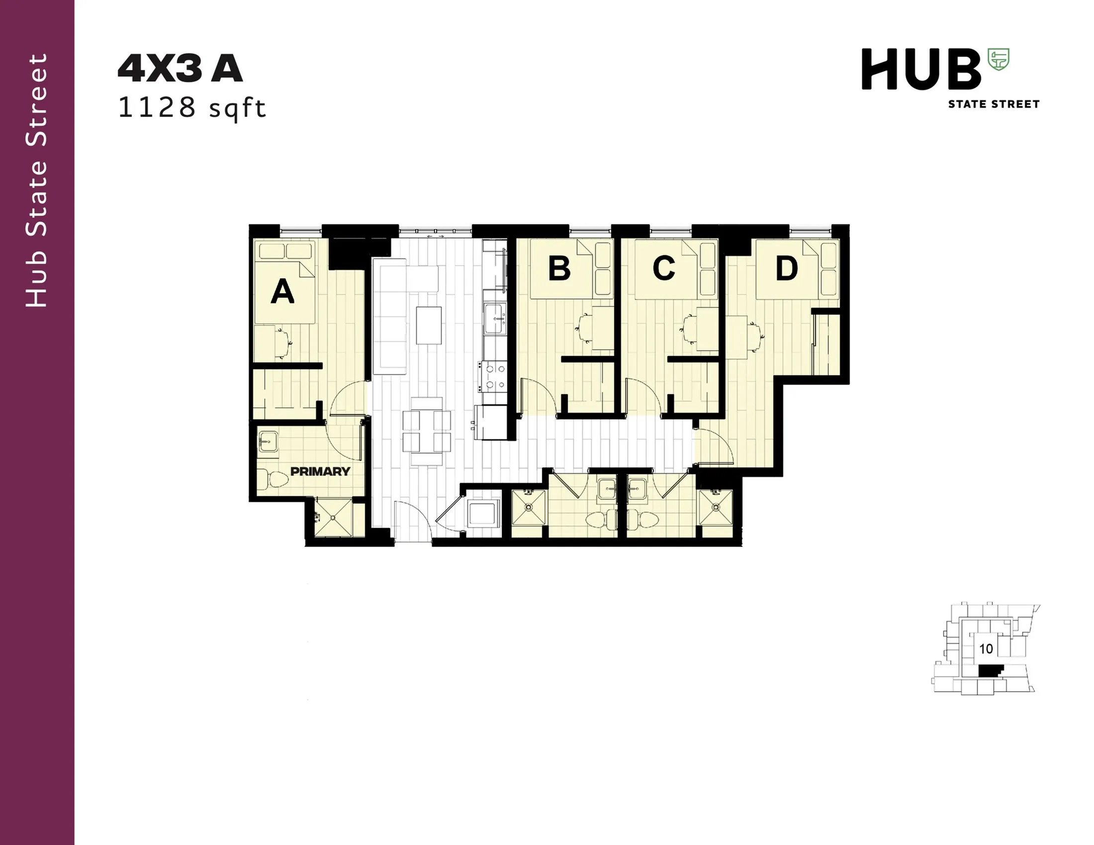 Modern 1128 sqft floor plan at Hub State Street featuring 4 bedrooms, open living area, and convenient kitchen layout.