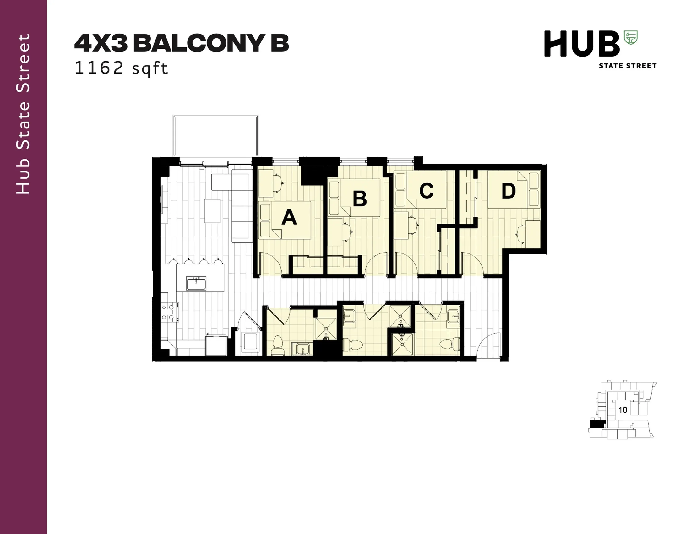 Elegant 4-bedroom floor plan with spacious living area, modern kitchen, and balcony, totaling 1162 sqft at Hub State Street.