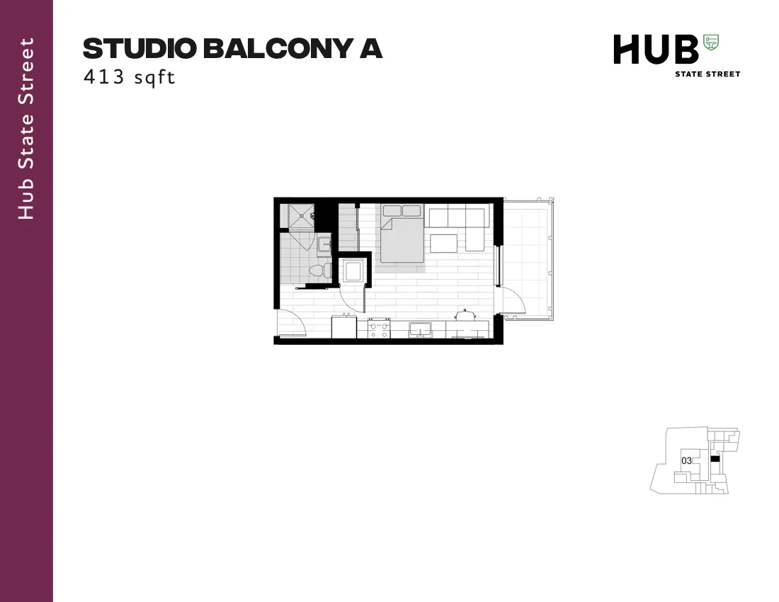 Modern studio floor plan with balcony at Hub State Street, featuring a versatile open layout and 413 sq ft of living space.