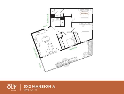Elegant 3X2 Mansion A floor plan featuring 3 bedrooms, spacious living areas, and modern amenities spanning 1073 sq. ft.