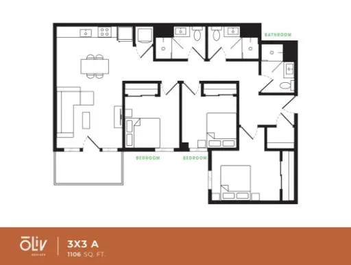 Modern 3x3 floor plan featuring three spacious bedrooms, open-concept living and dining area, and two bathrooms, covering 1106 sq. ft.