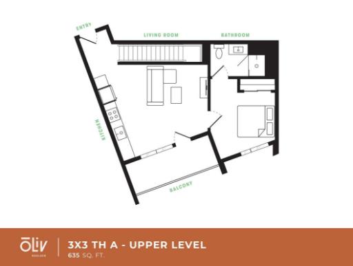 Modern floor plan showcasing an upper-level 3-bedroom townhouse with a cozy living room, compact kitchen, and private balcony, totaling 635 sq ft.